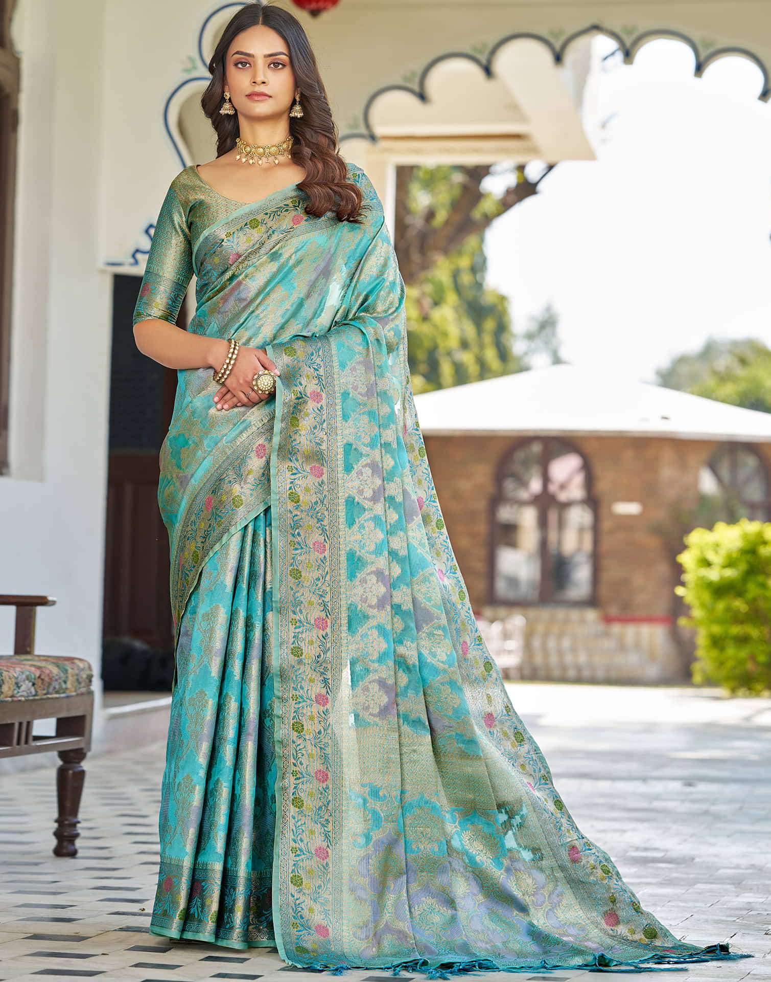 Turquoise Silk Woven Banarasi Saree