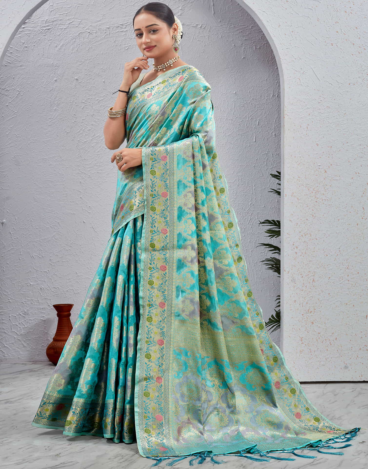 Turquoise Silk Woven Banarasi Saree