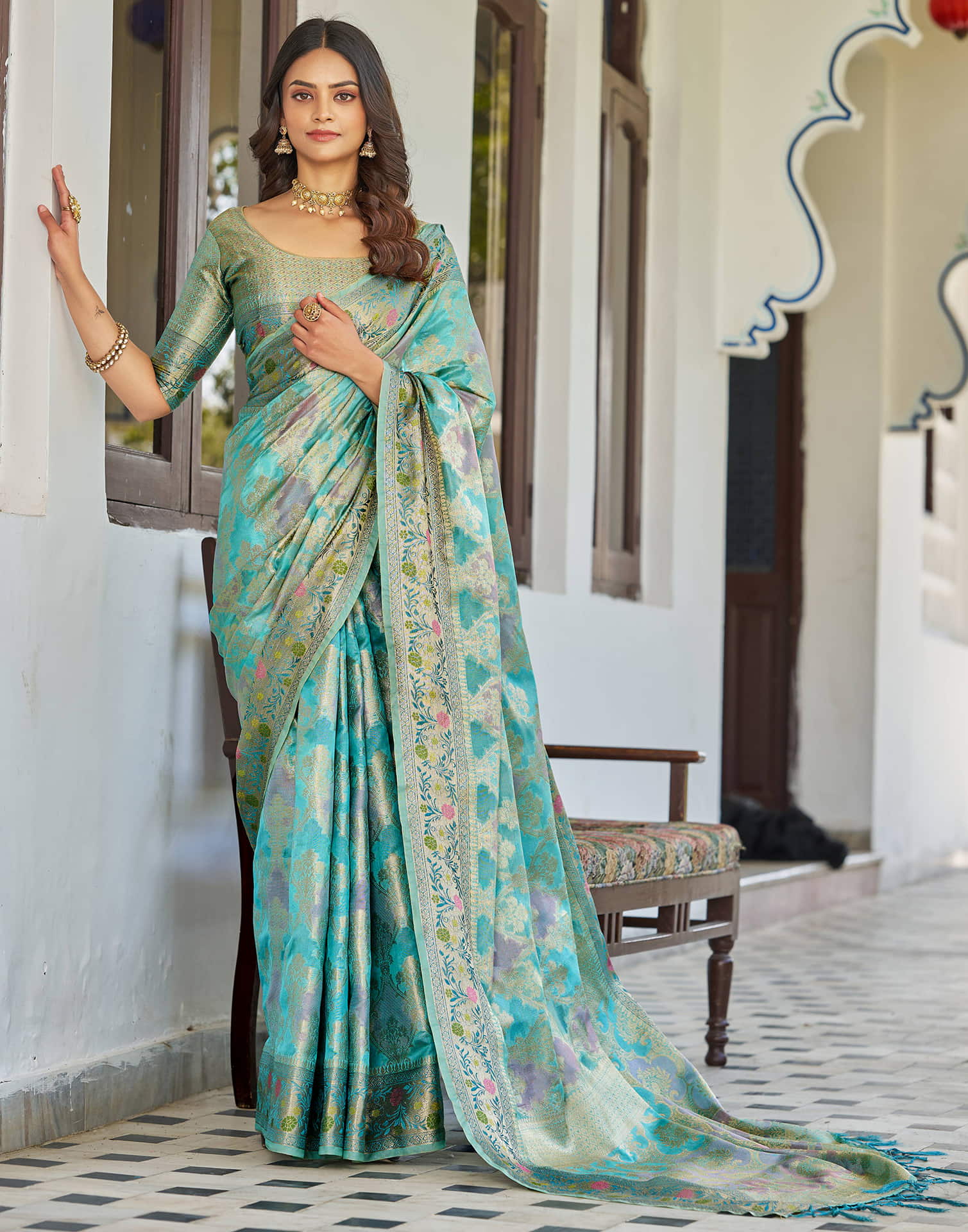 Turquoise Silk Woven Banarasi Saree