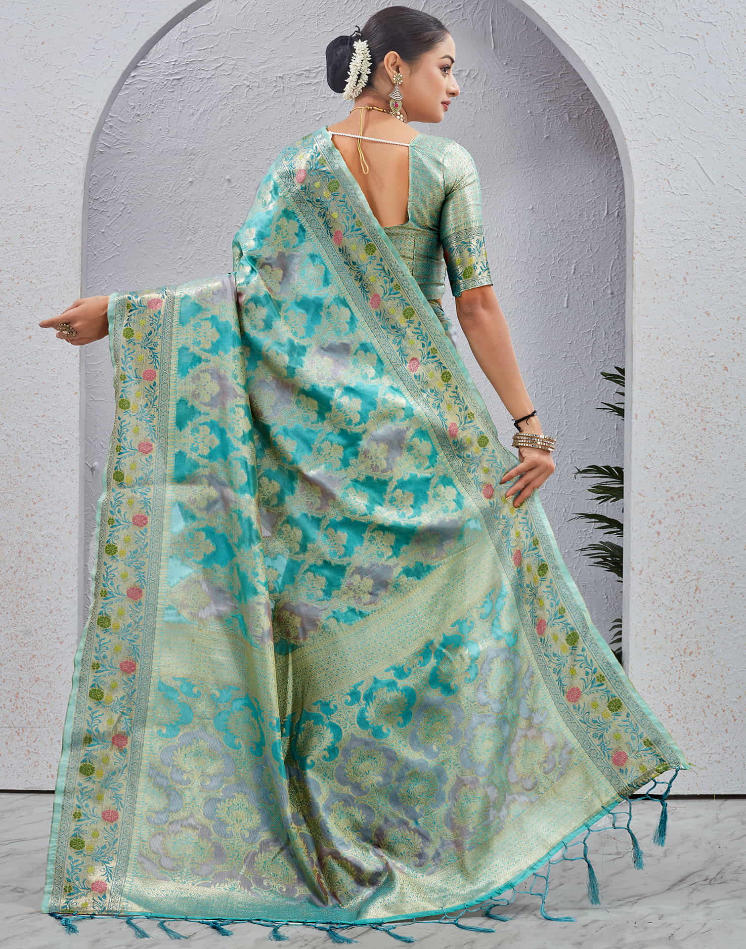 Turquoise Silk Woven Banarasi Saree