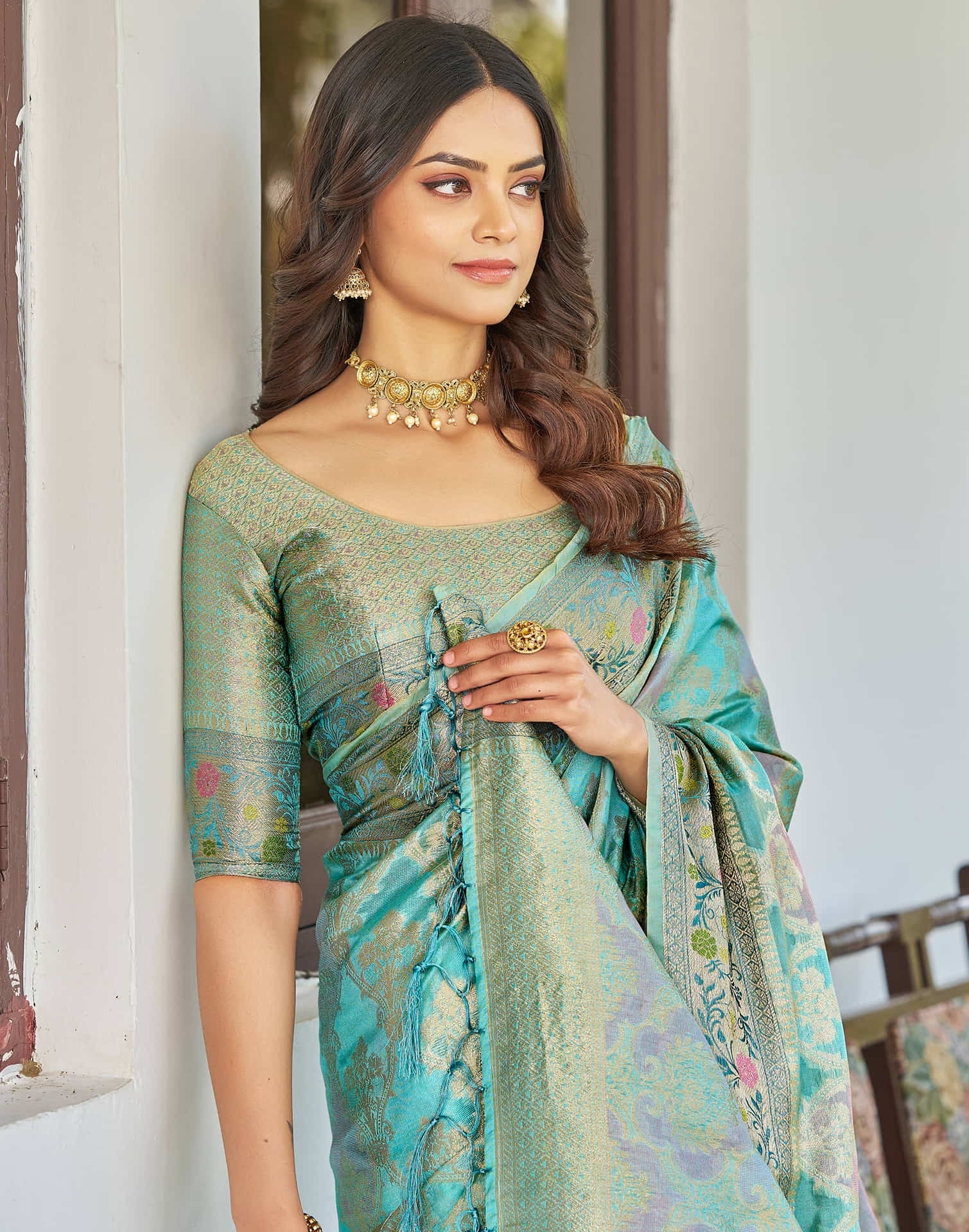 Turquoise Silk Woven Banarasi Saree