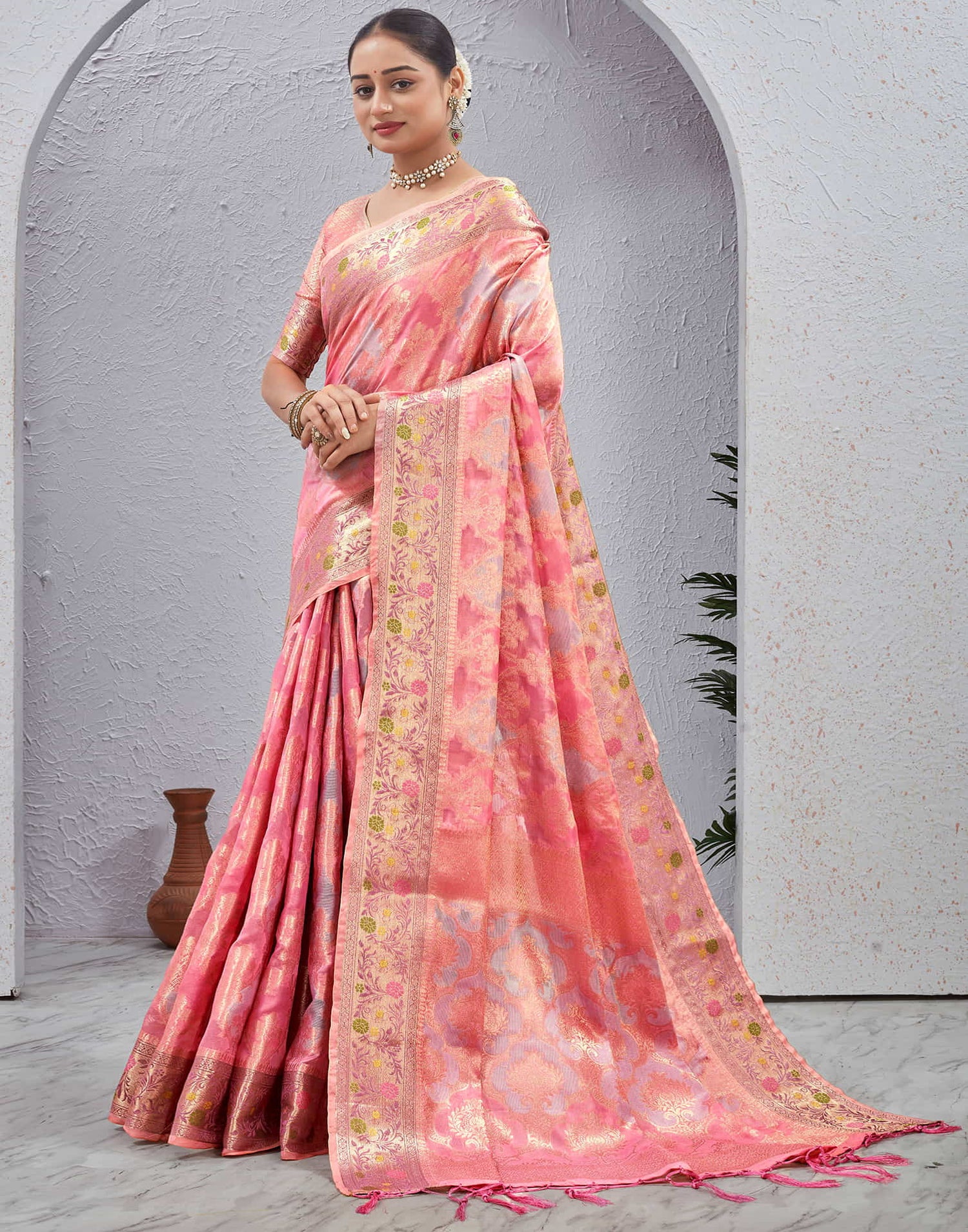 Pink Silk Woven Banarasi Saree