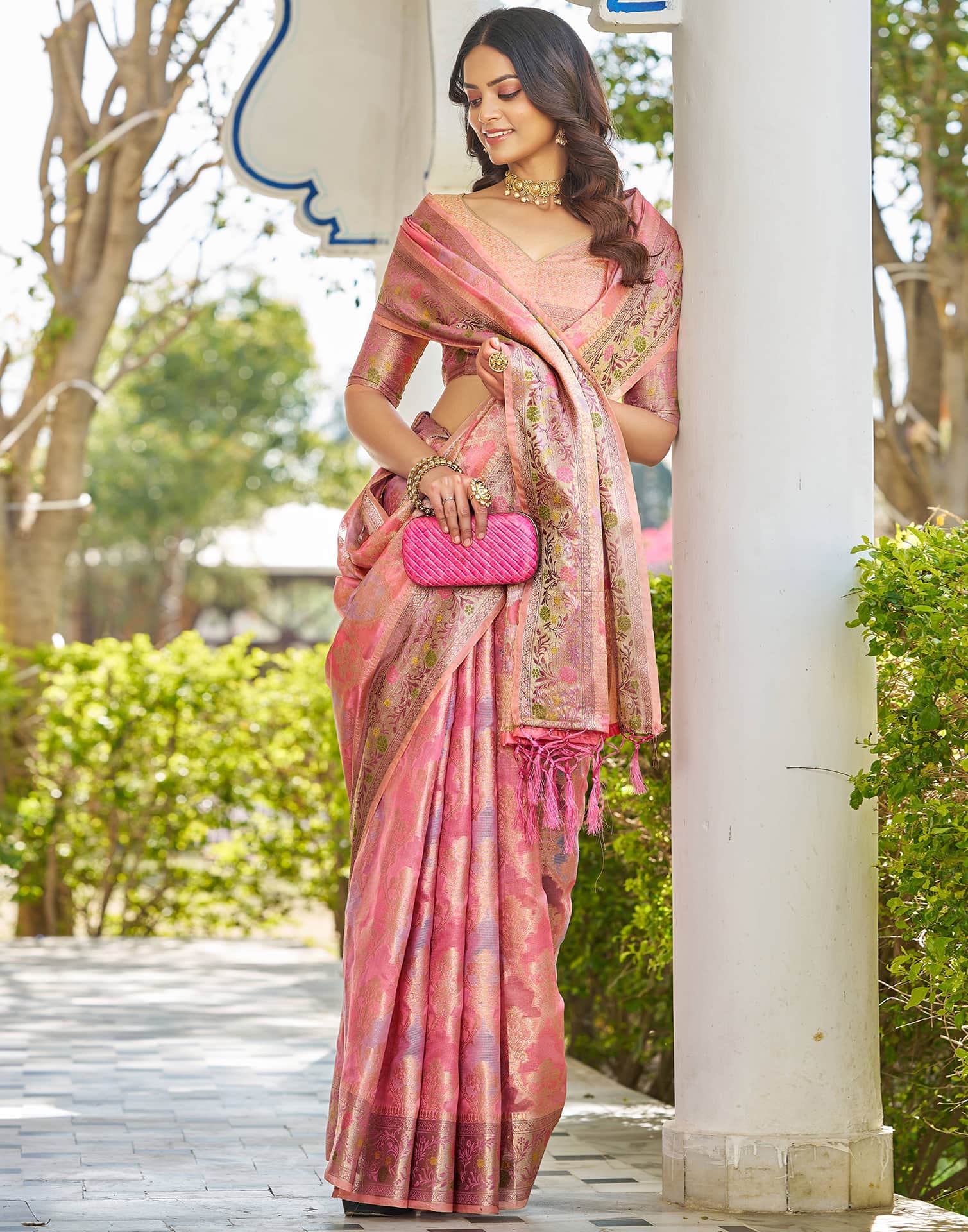 Pink Silk Woven Banarasi Saree