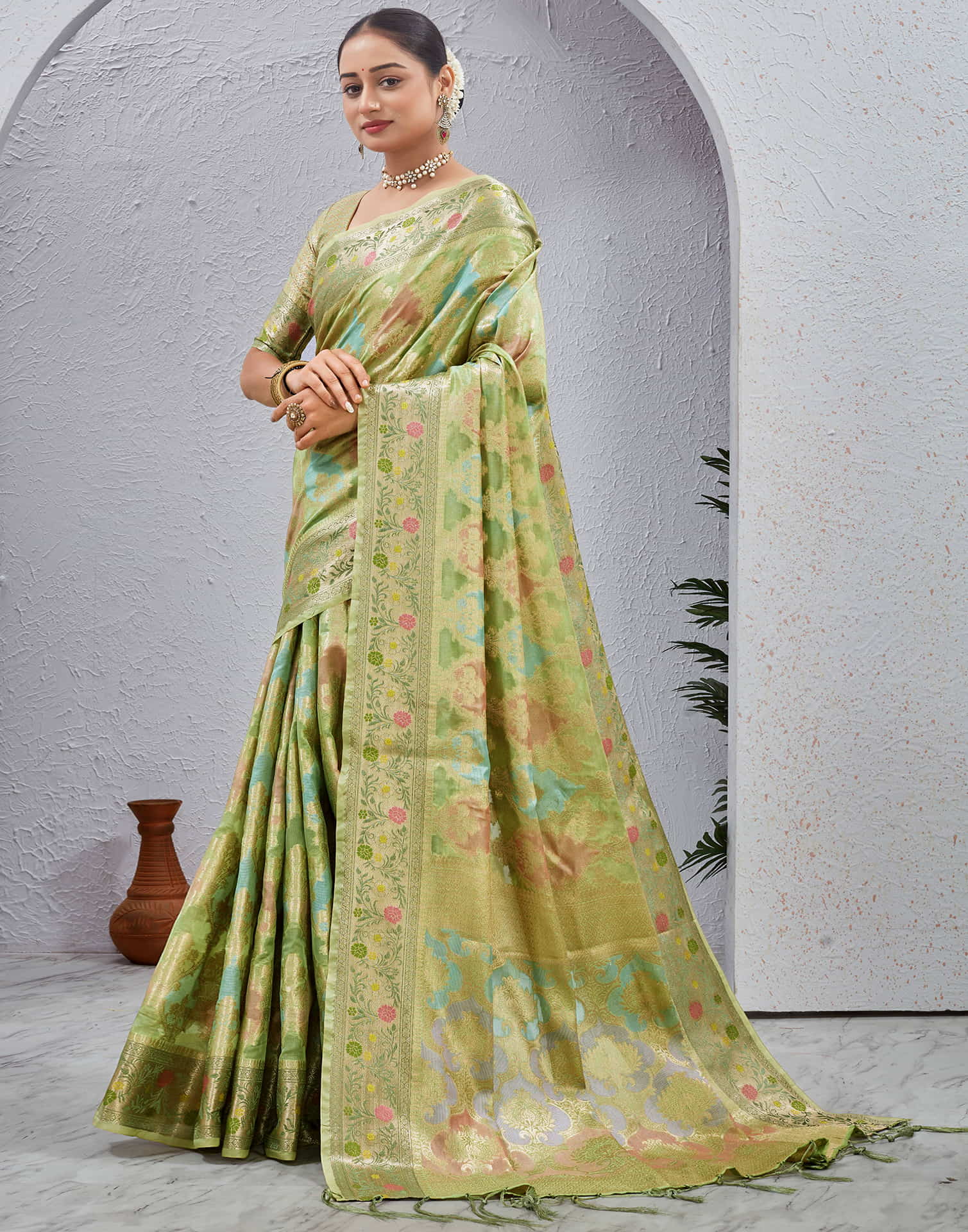 Pista Green Silk Woven Banarasi Saree