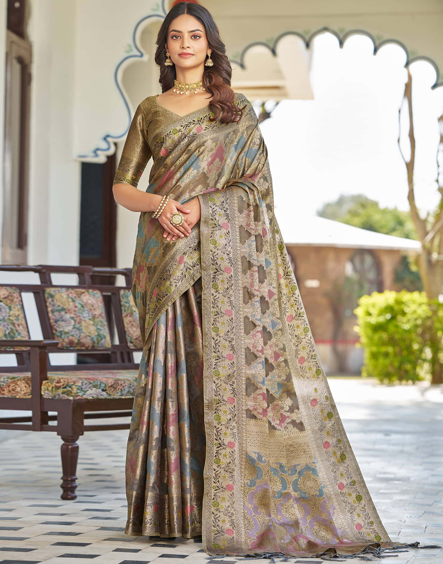 Grey Silk Woven Banarasi Saree