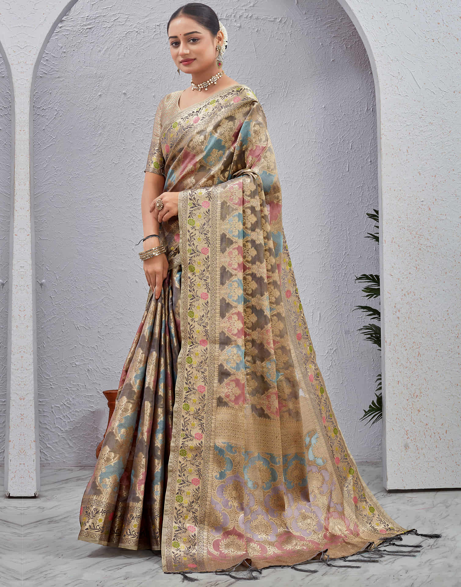 Grey Silk Woven Banarasi Saree