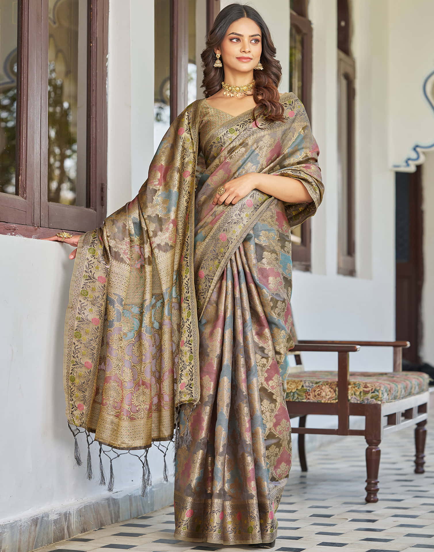 Grey Silk Woven Banarasi Saree