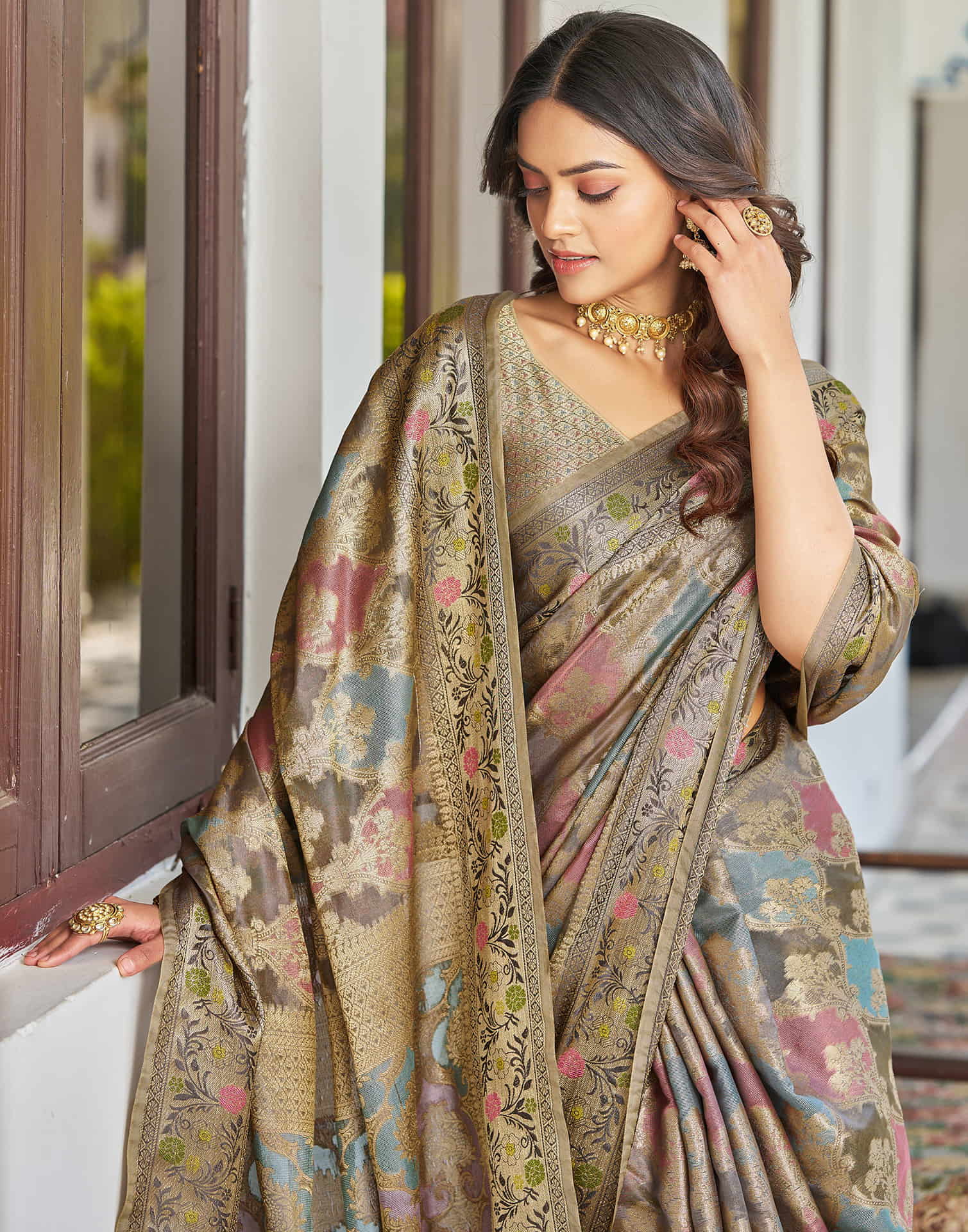 Grey Silk Woven Banarasi Saree