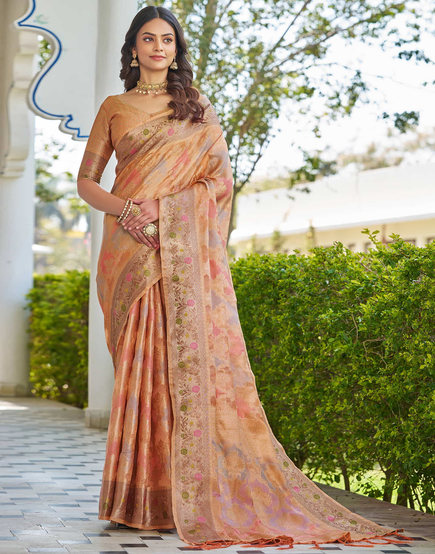Peach Silk Woven Banarasi Saree