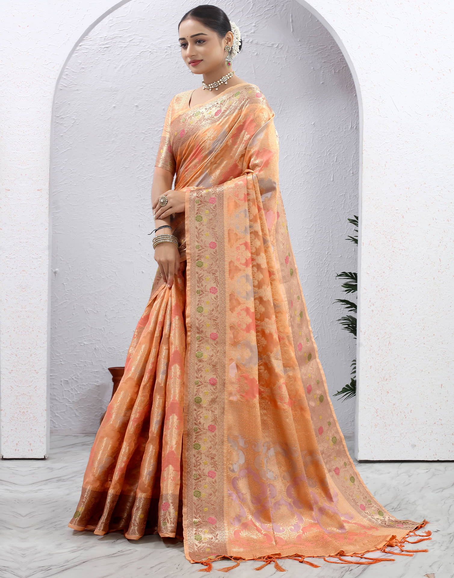Peach Silk Woven Banarasi Saree