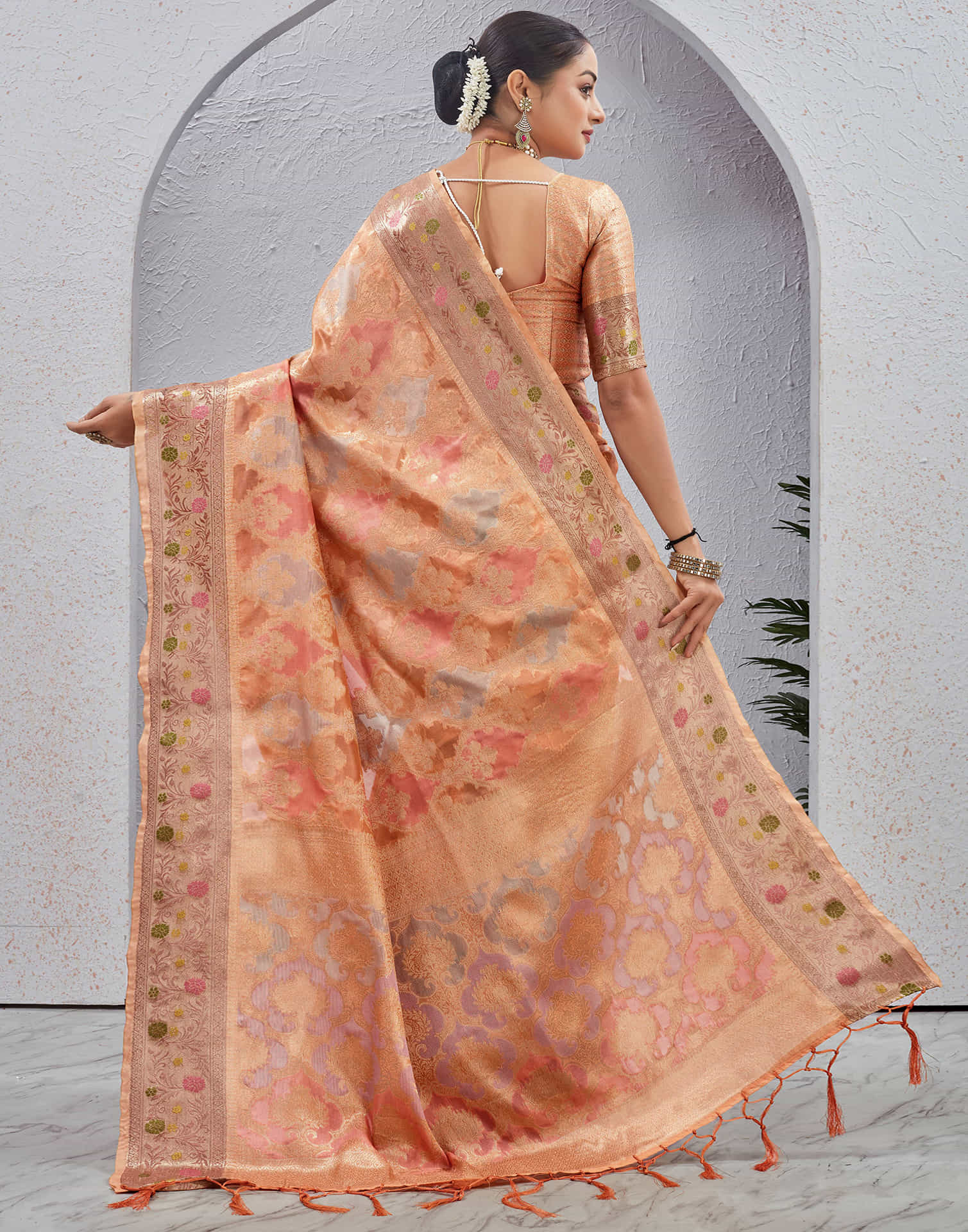 Peach Silk Woven Banarasi Saree
