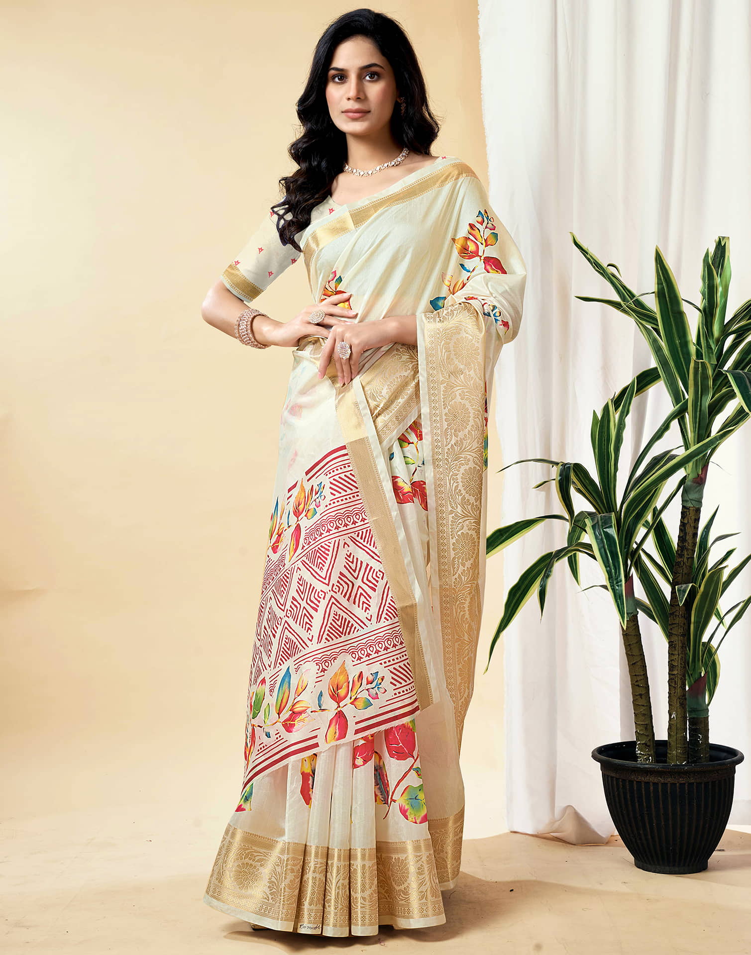 Off White Dola Silk Floral Printed Saree