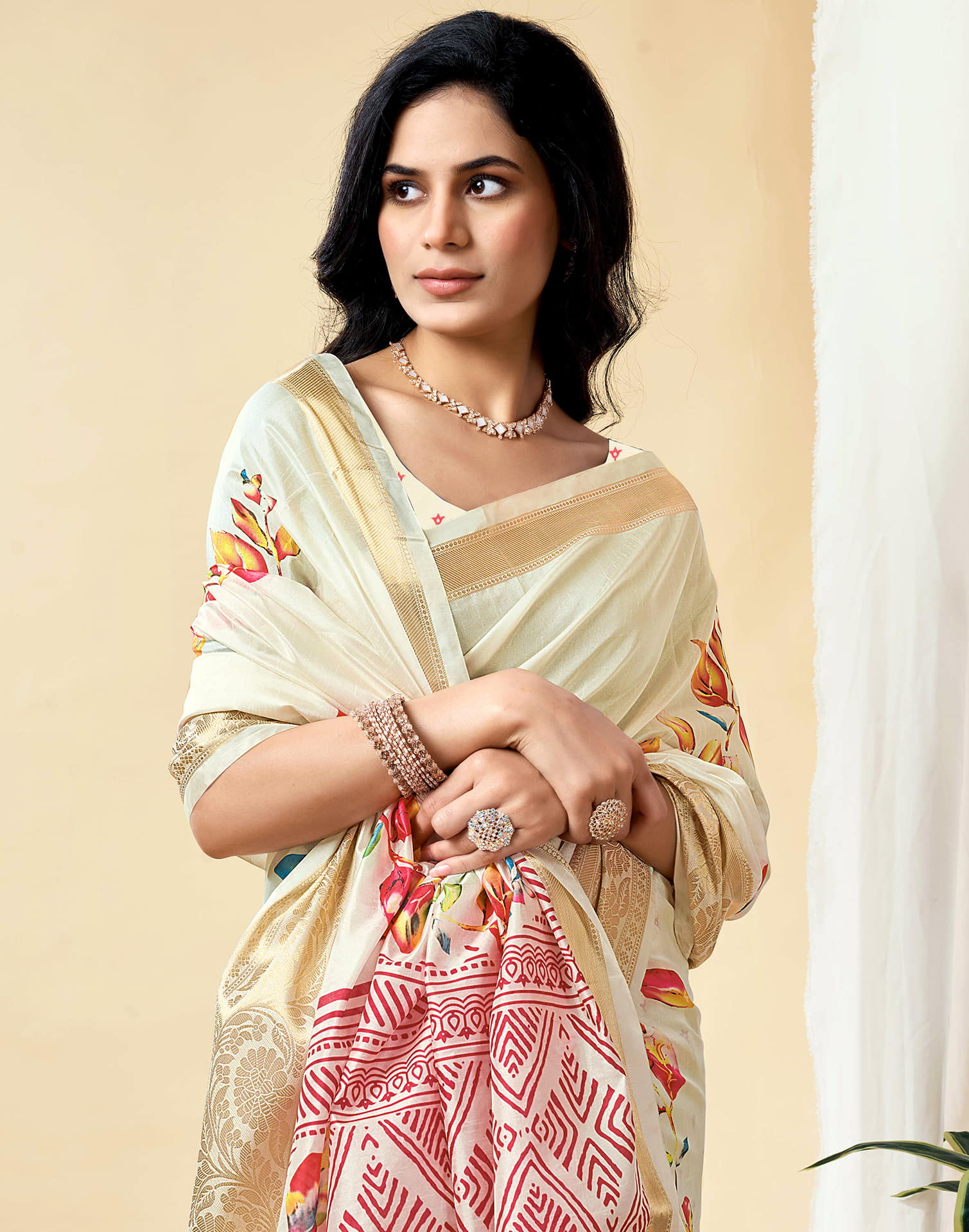 Off White Dola Silk Floral Printed Saree