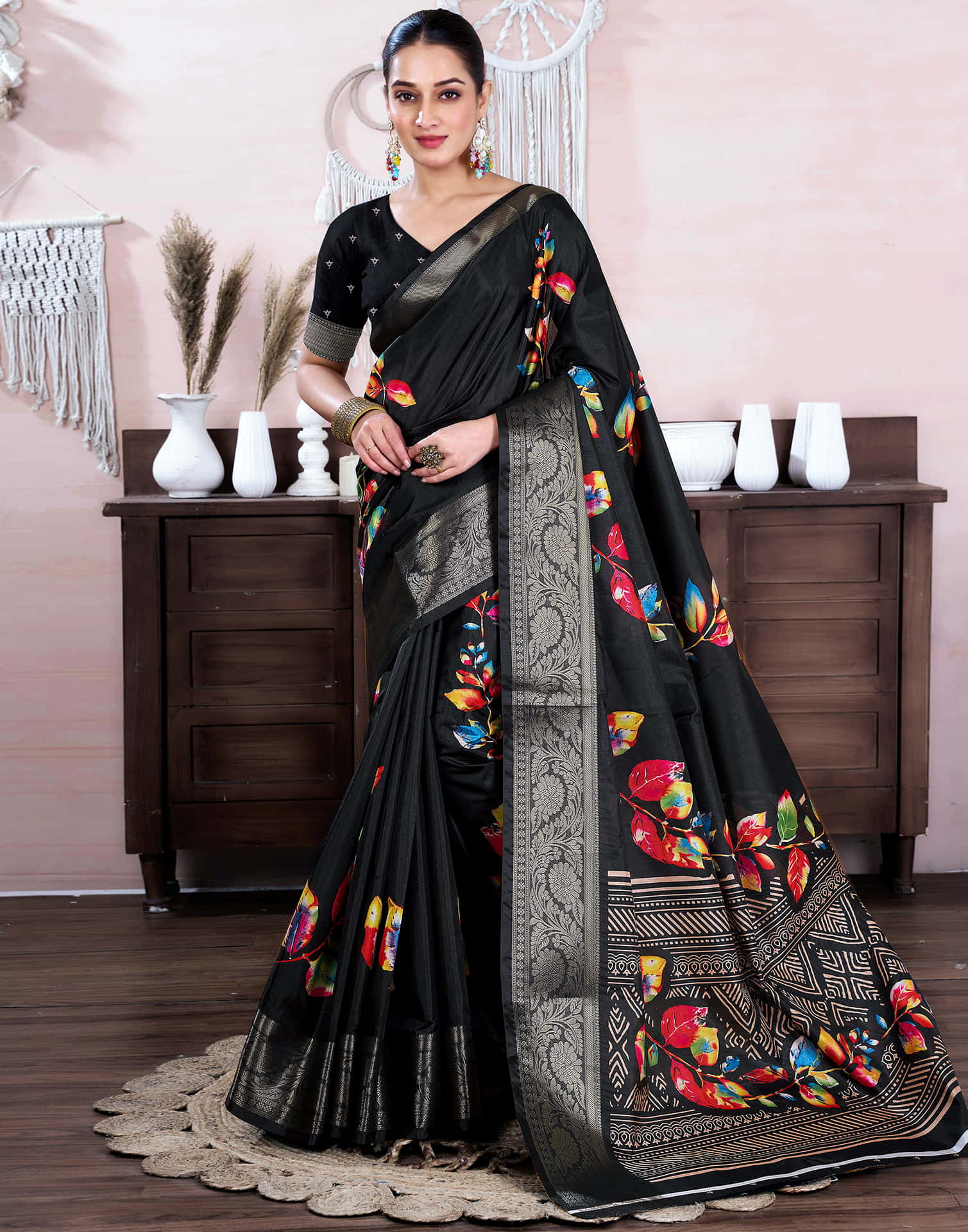 Black Dola Silk Floral Printed Saree