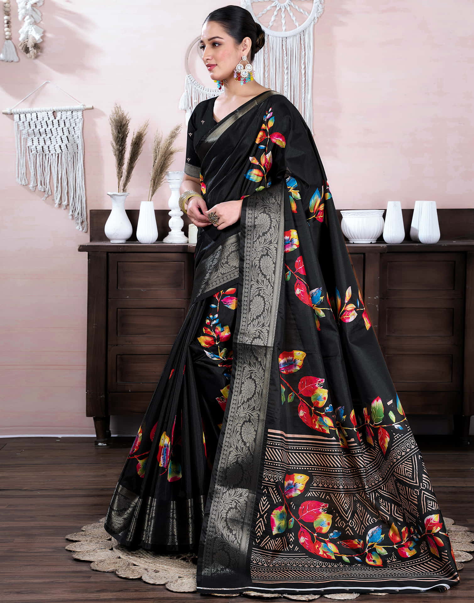 Black Dola Silk Floral Printed Saree