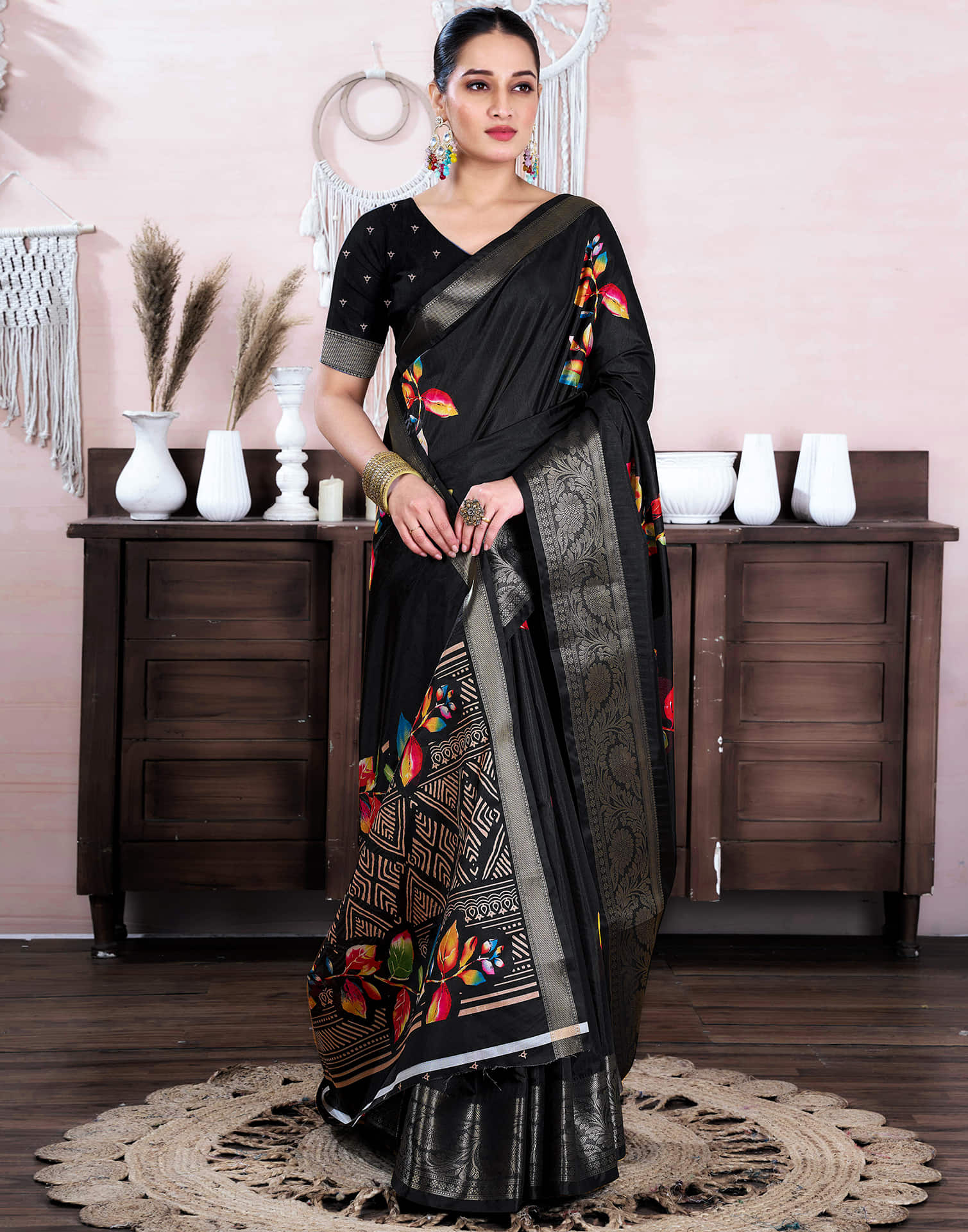 Black Dola Silk Floral Printed Saree