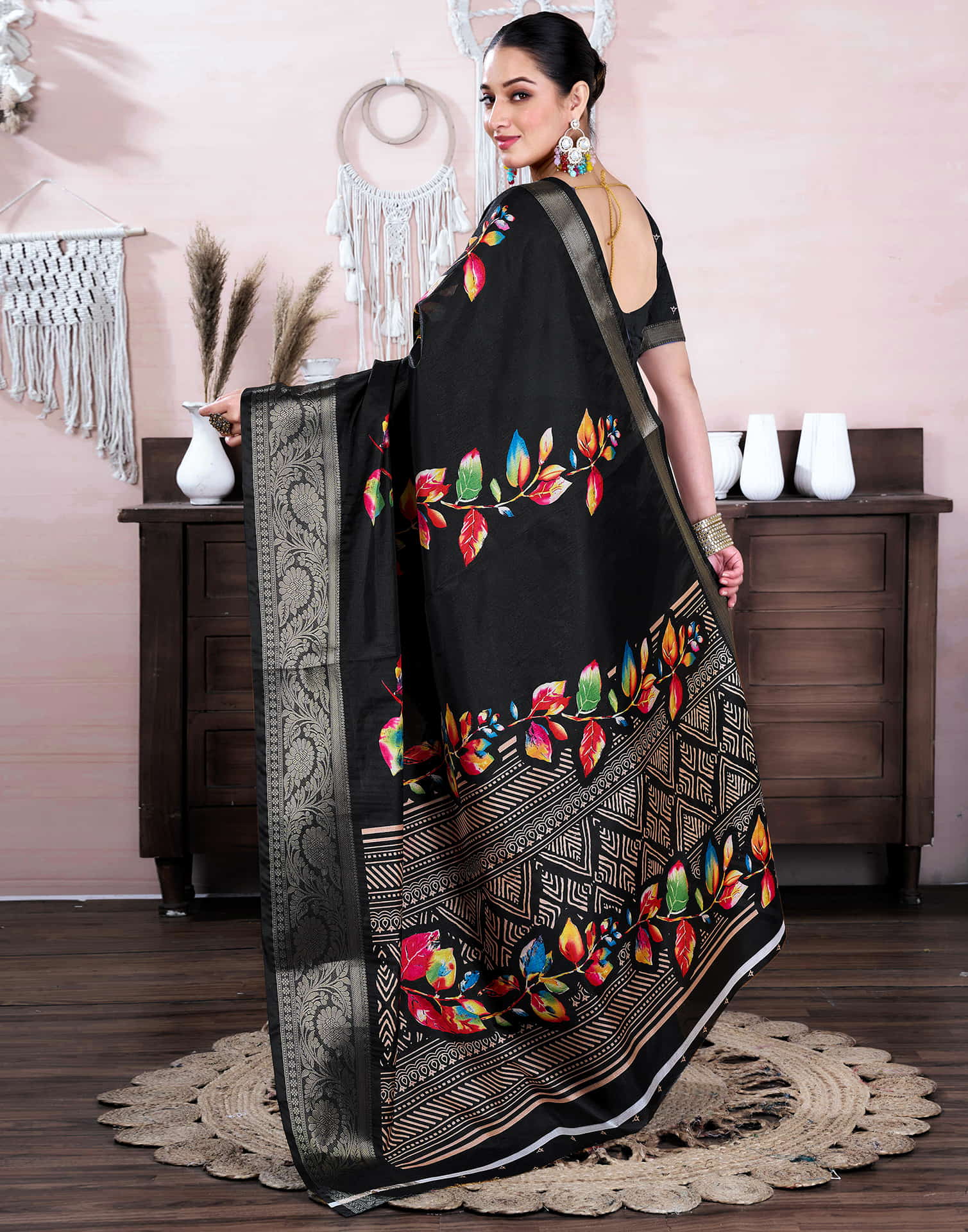 Black Dola Silk Floral Printed Saree