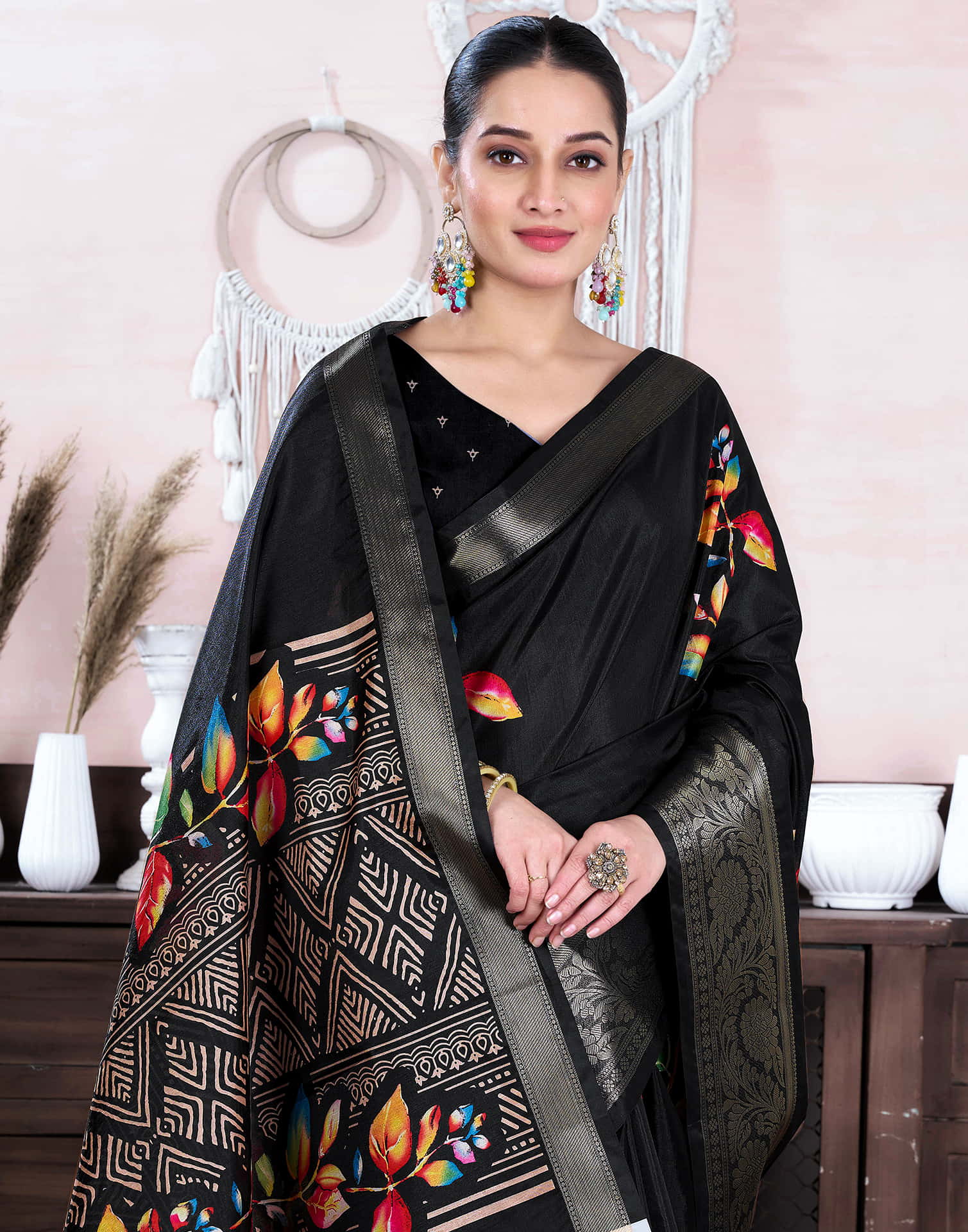 Black Dola Silk Floral Printed Saree