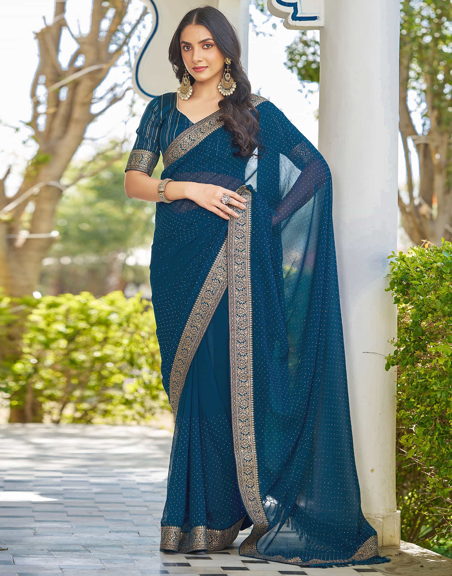 Teal Blue Georgette Stone Work Embellished Saree