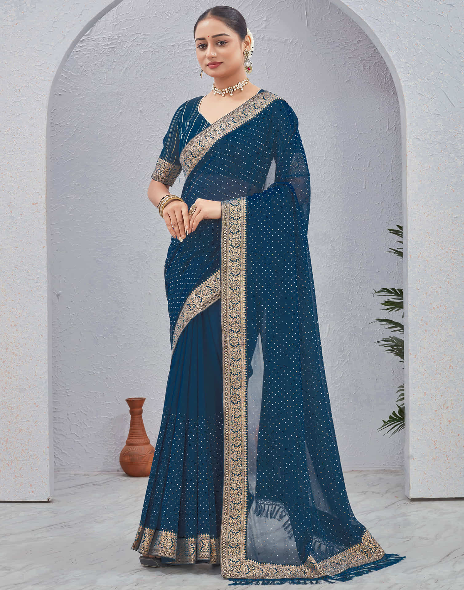 Teal Blue Georgette Stone Work Embellished Saree