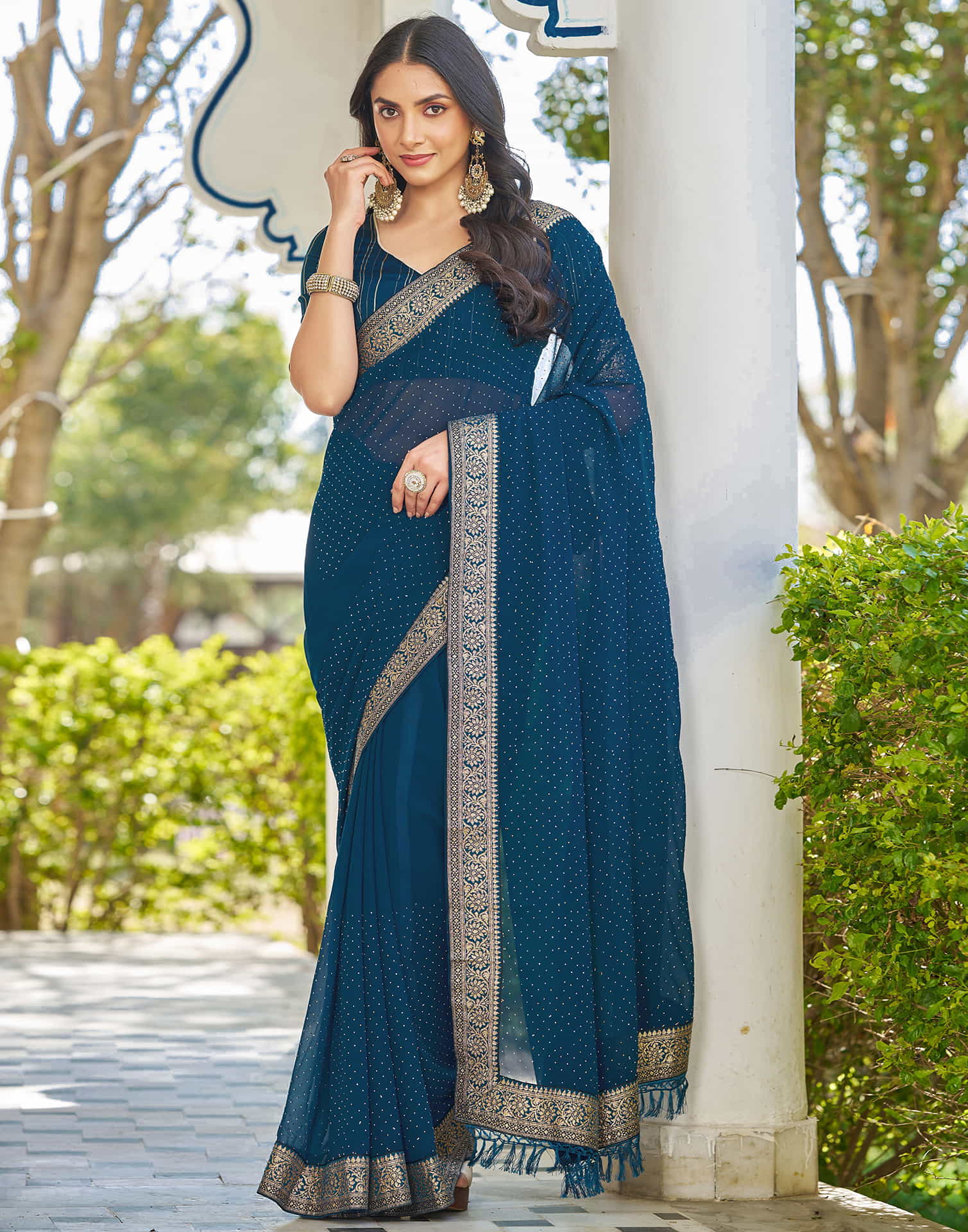 Teal Blue Georgette Stone Work Embellished Saree
