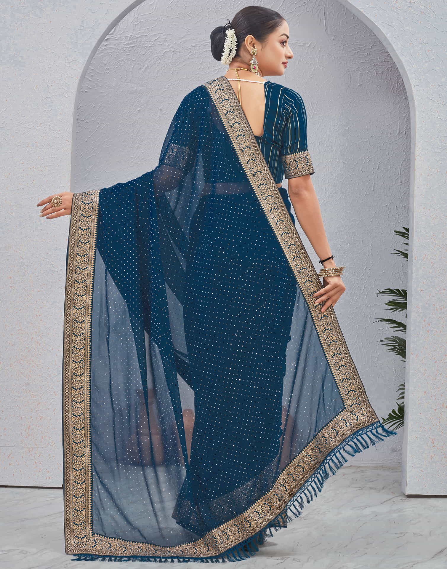 Teal Blue Georgette Stone Work Embellished Saree