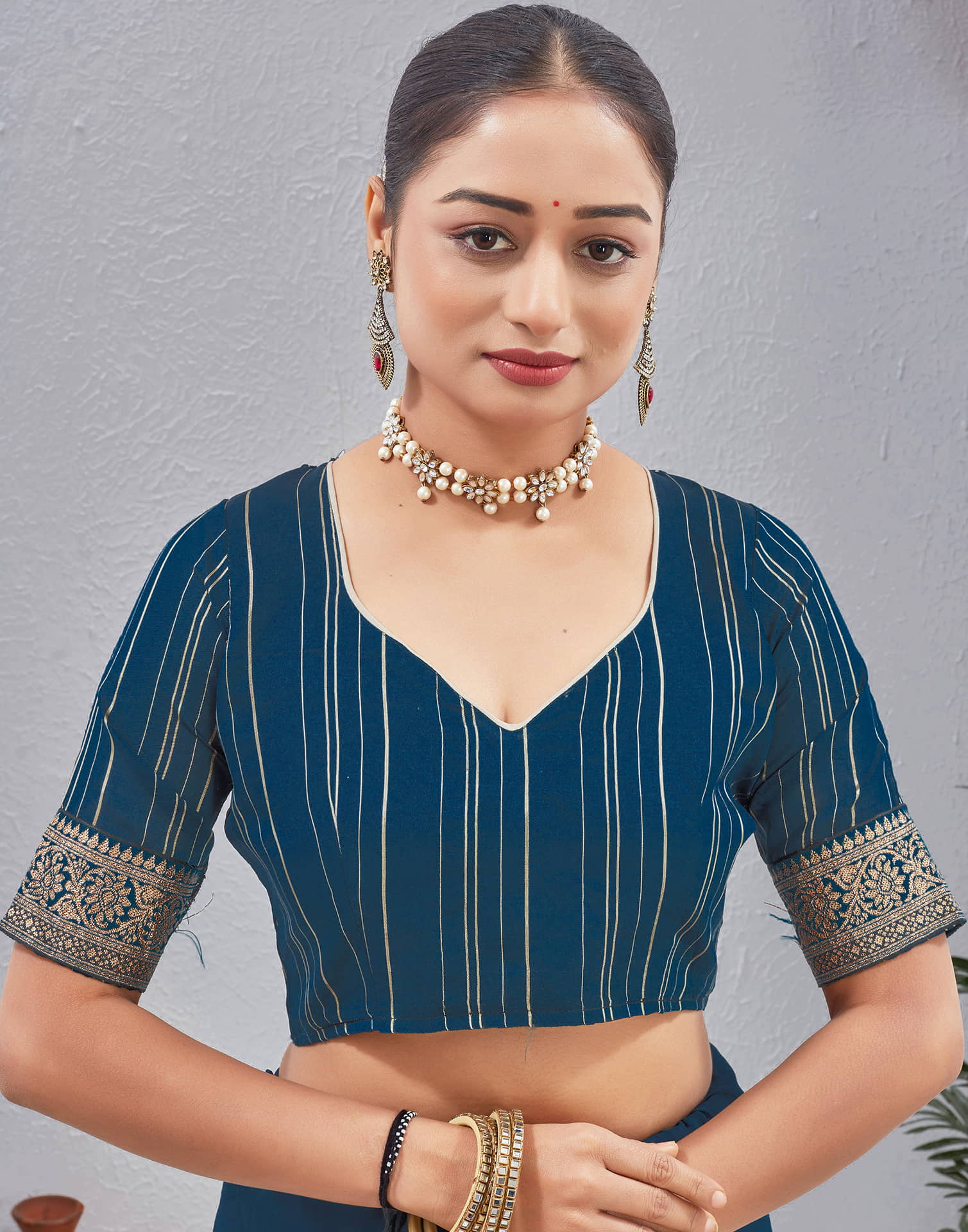 Teal Blue Georgette Stone Work Embellished Saree