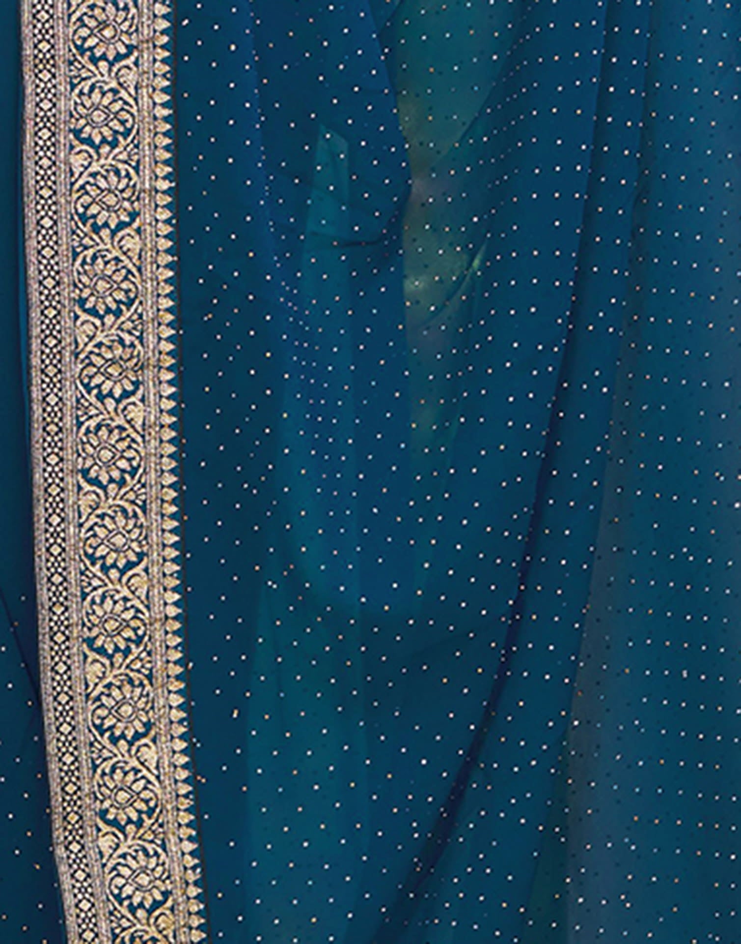 Teal Blue Georgette Stone Work Embellished Saree