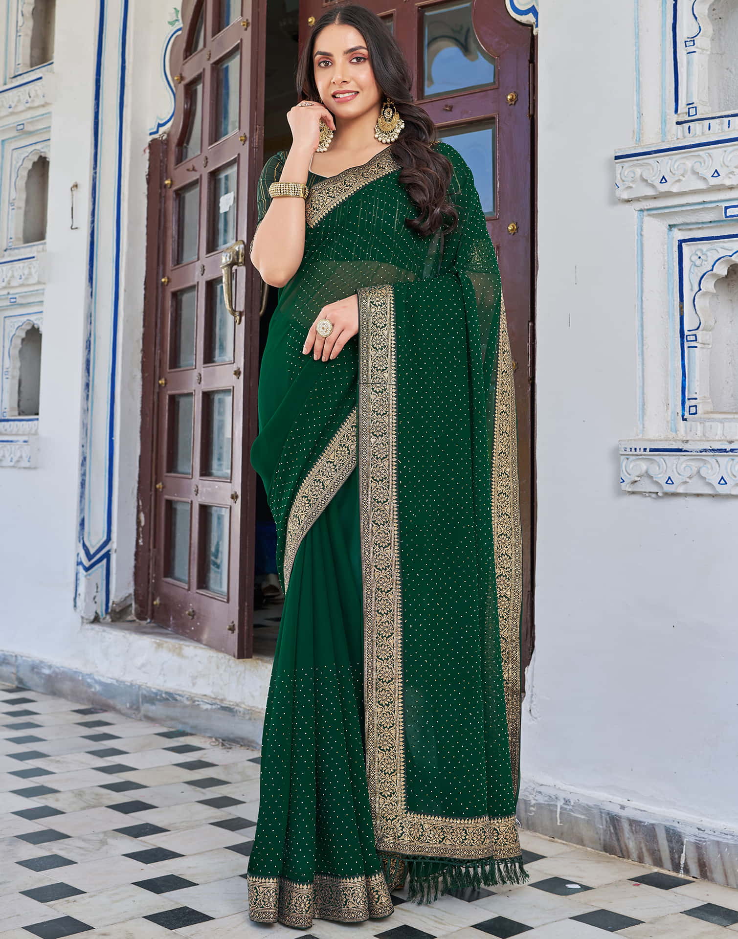 Dark Green Georgette Stone Work Embellished Saree