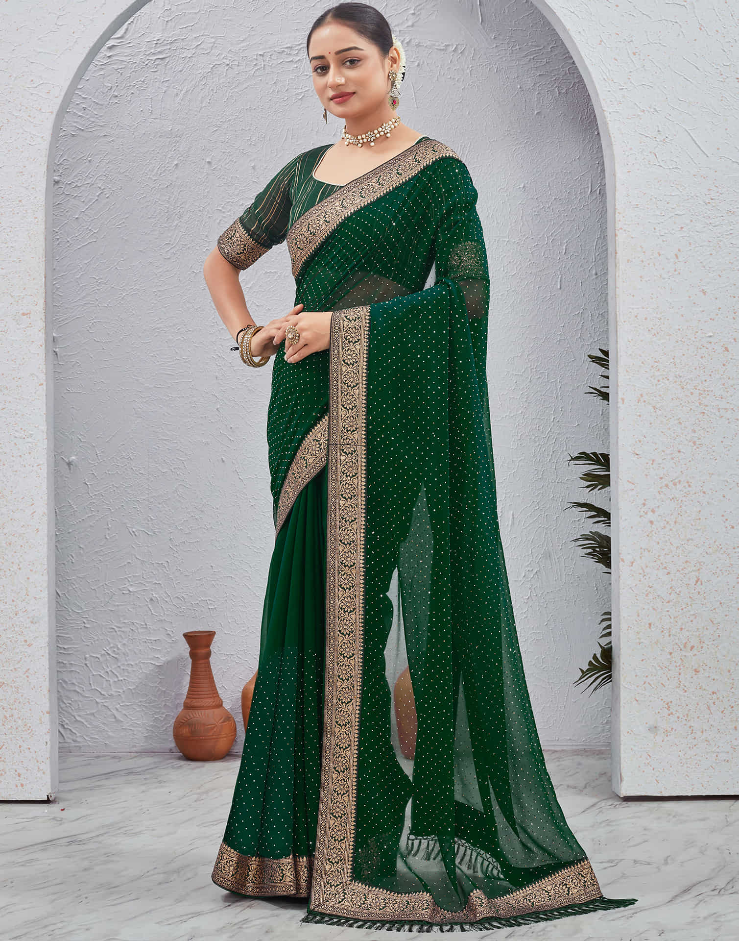 Dark Green Georgette Stone Work Embellished Saree