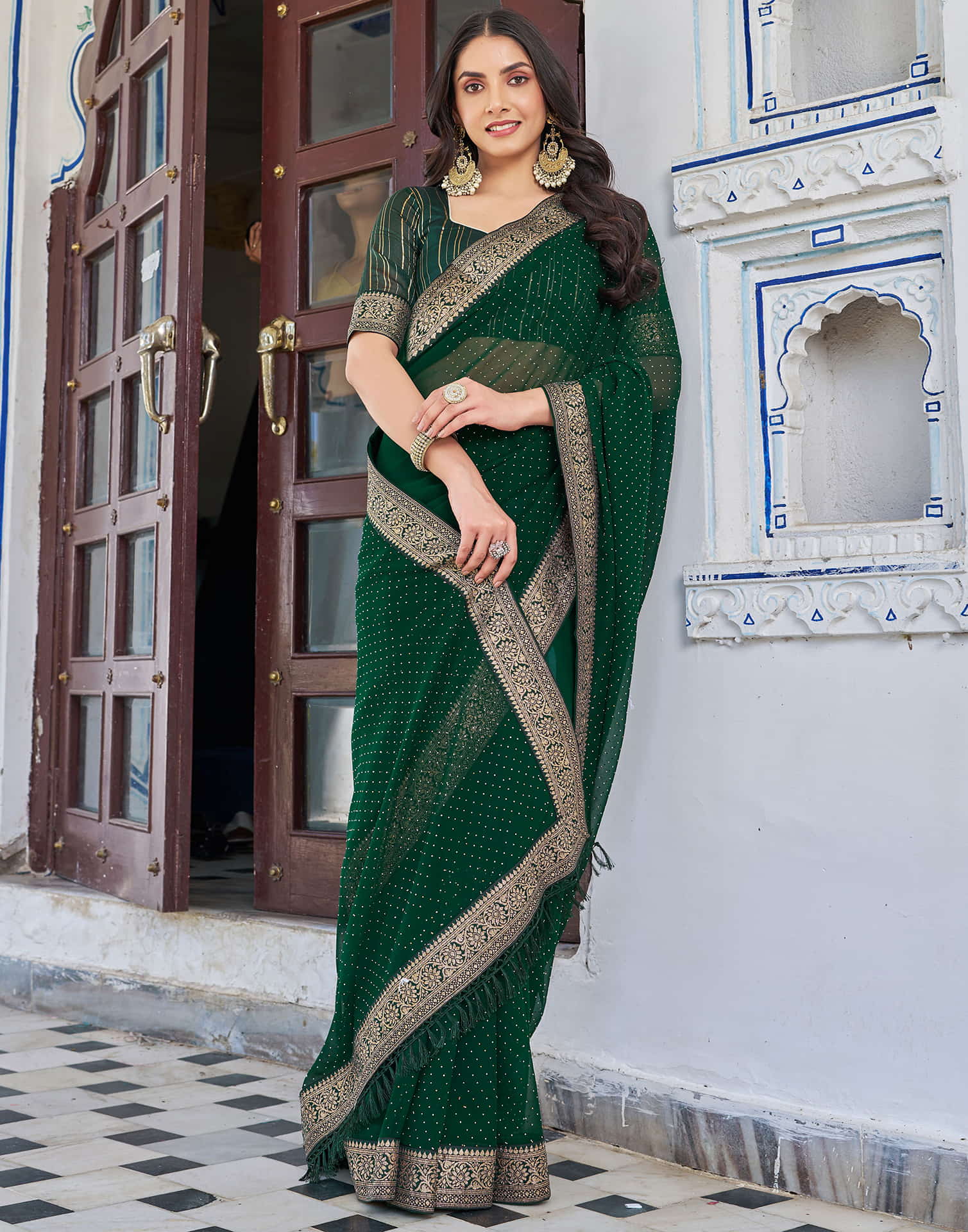 Dark Green Georgette Stone Work Embellished Saree