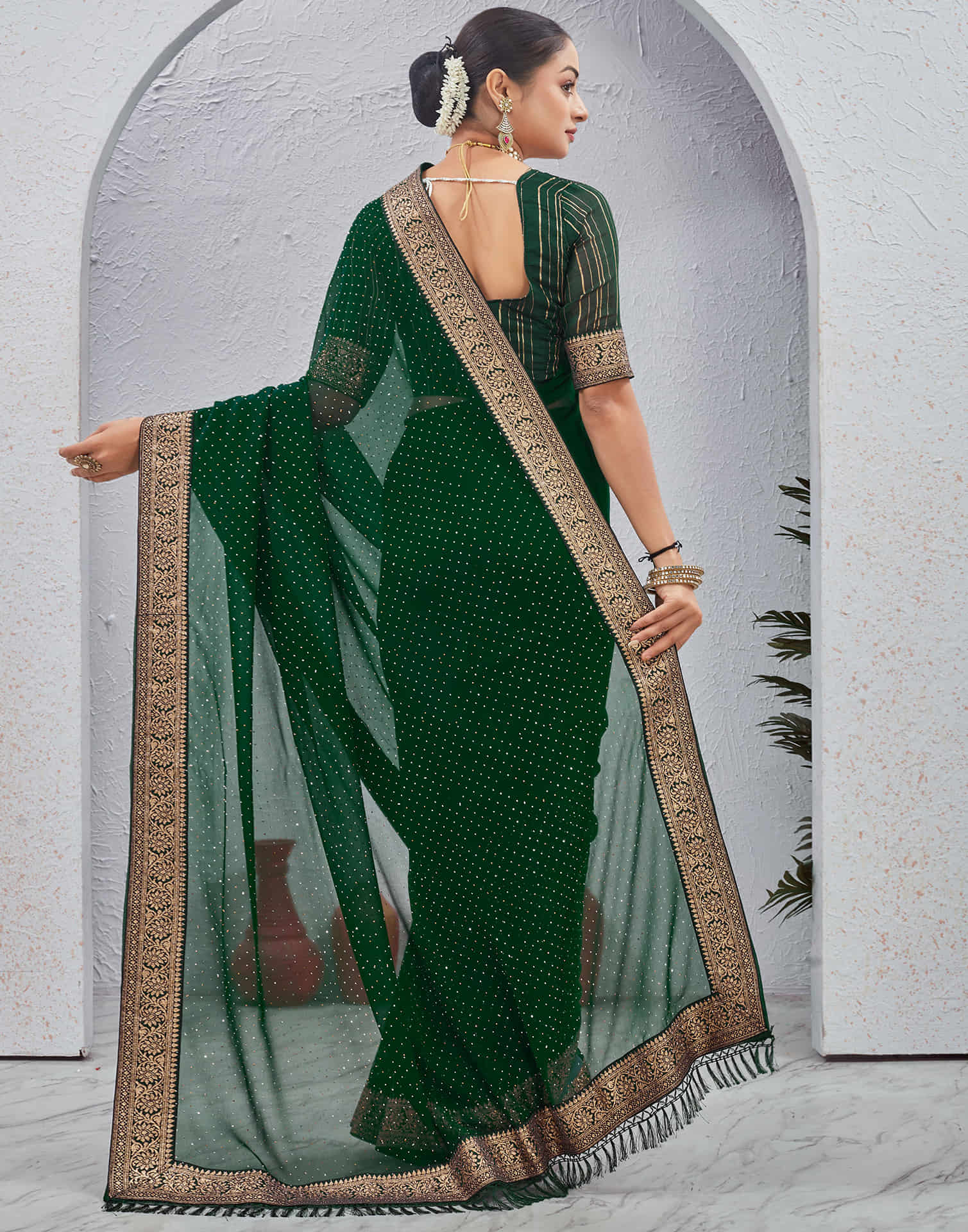 Dark Green Georgette Stone Work Embellished Saree