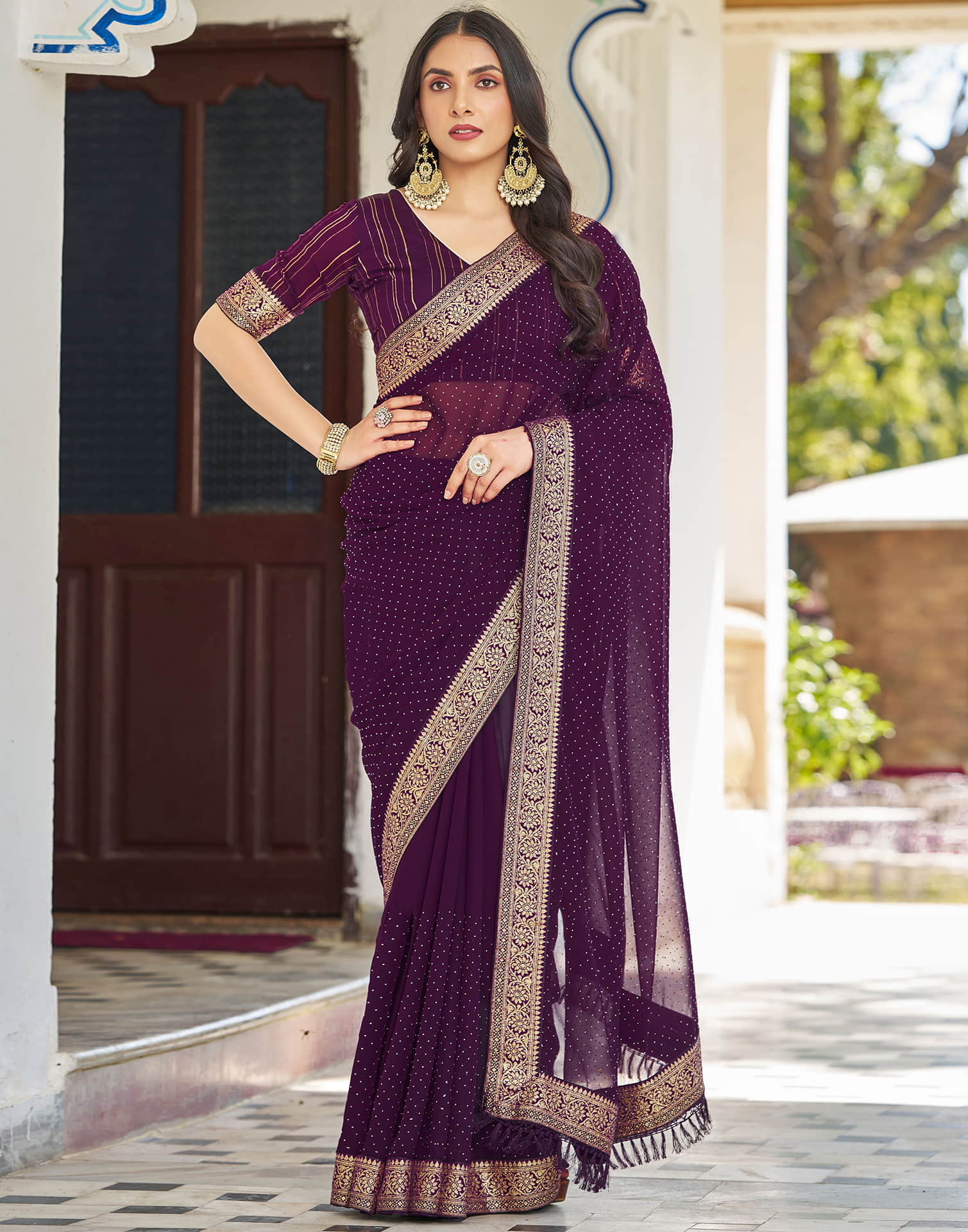 Dark Purple Georgette Stone Work Embellished Saree