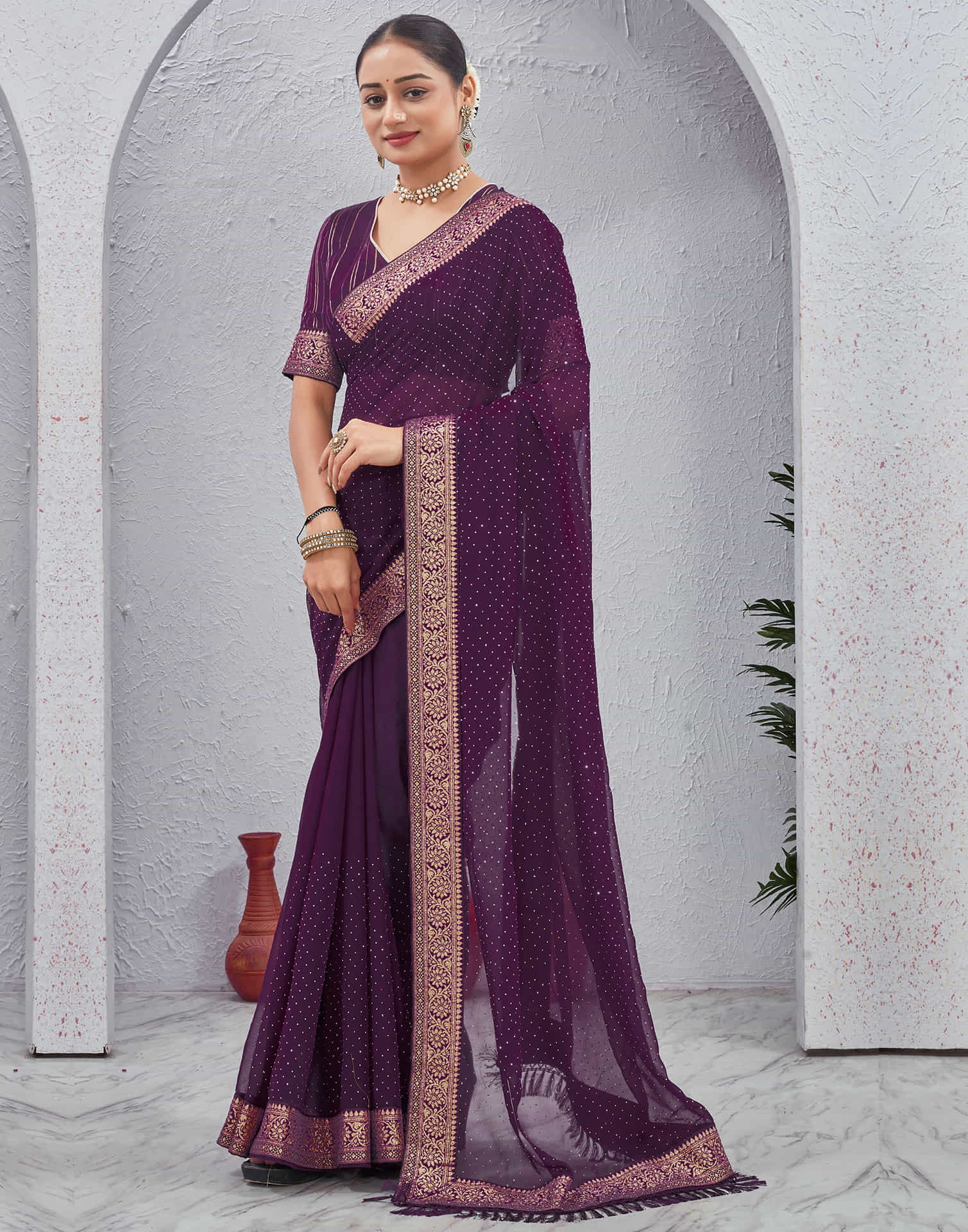 Dark Purple Georgette Stone Work Embellished Saree