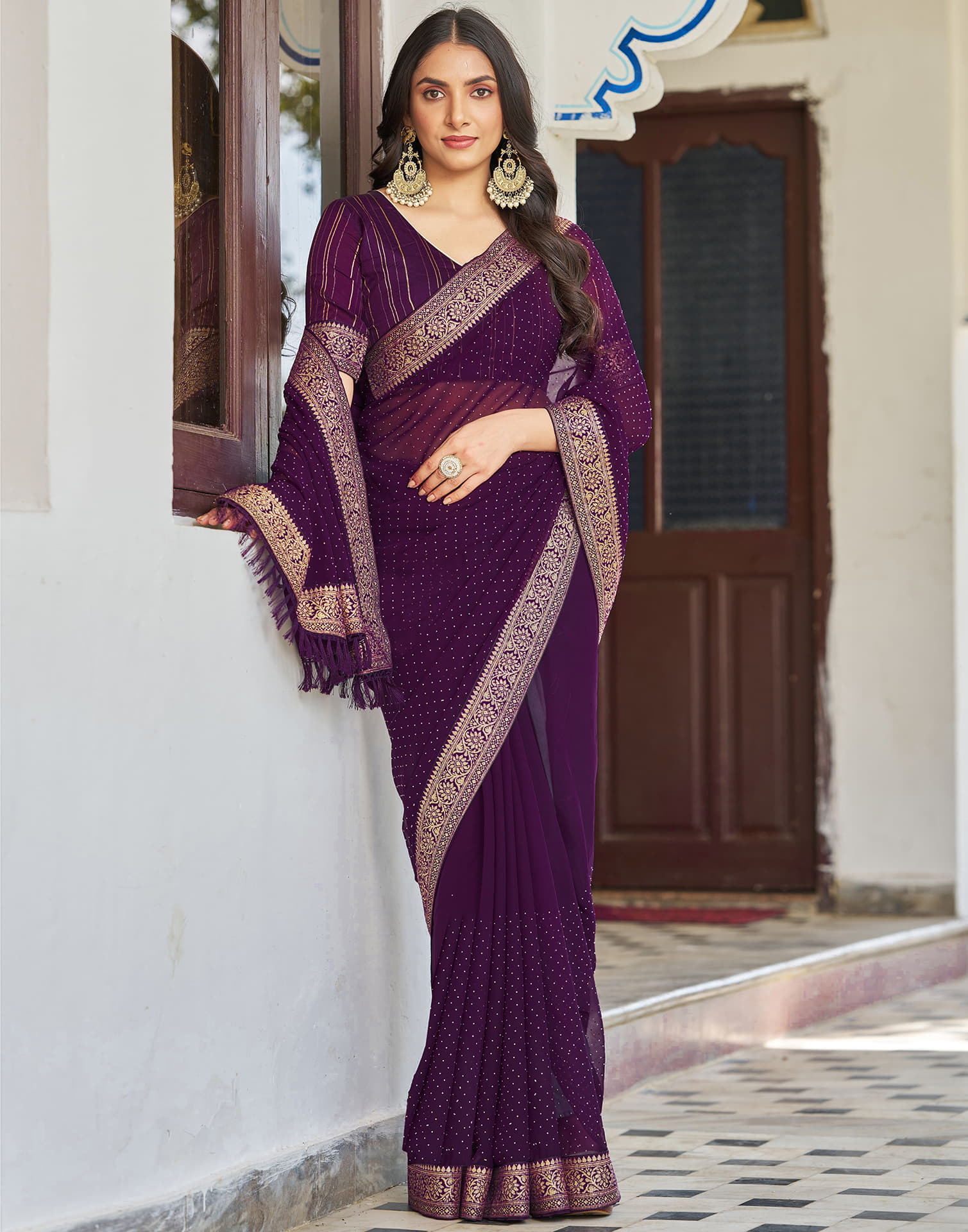 Dark Purple Georgette Stone Work Embellished Saree