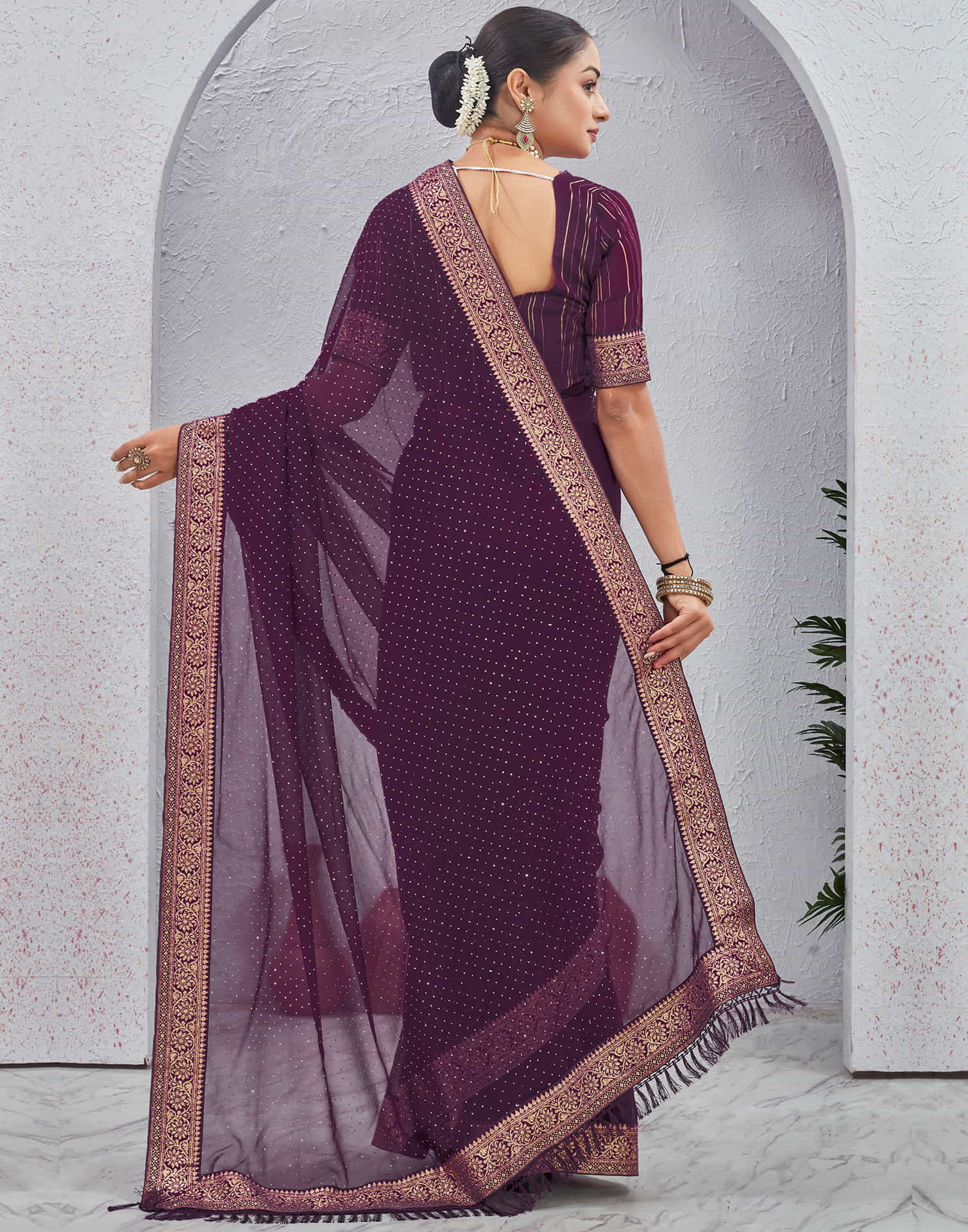 Dark Purple Georgette Stone Work Embellished Saree