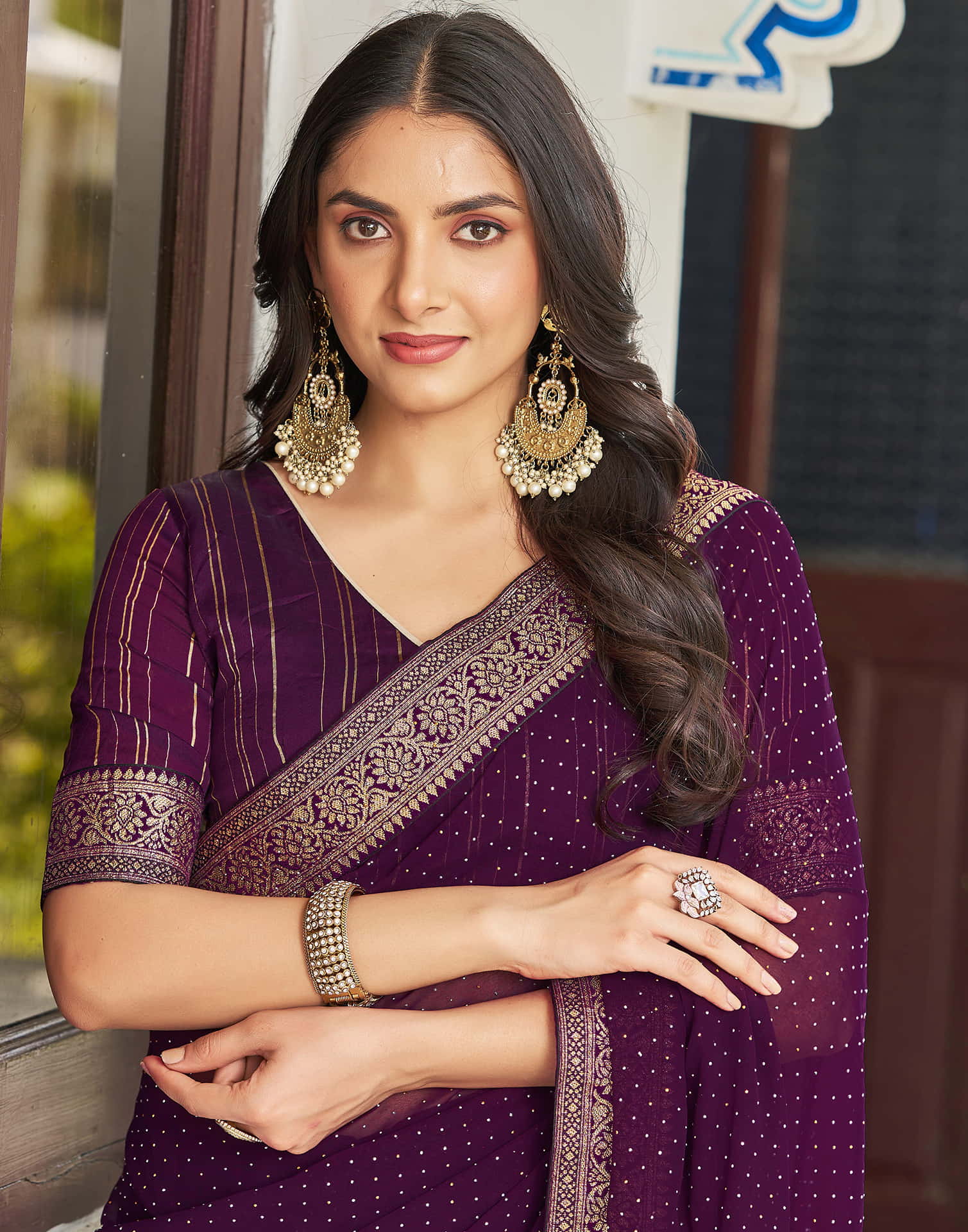 Dark Purple Georgette Stone Work Embellished Saree