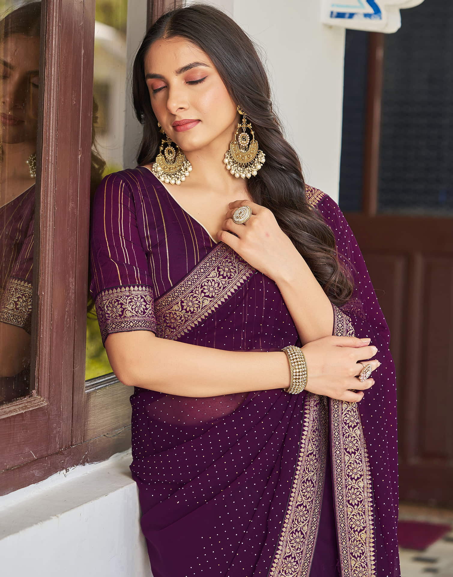 Dark Purple Georgette Stone Work Embellished Saree