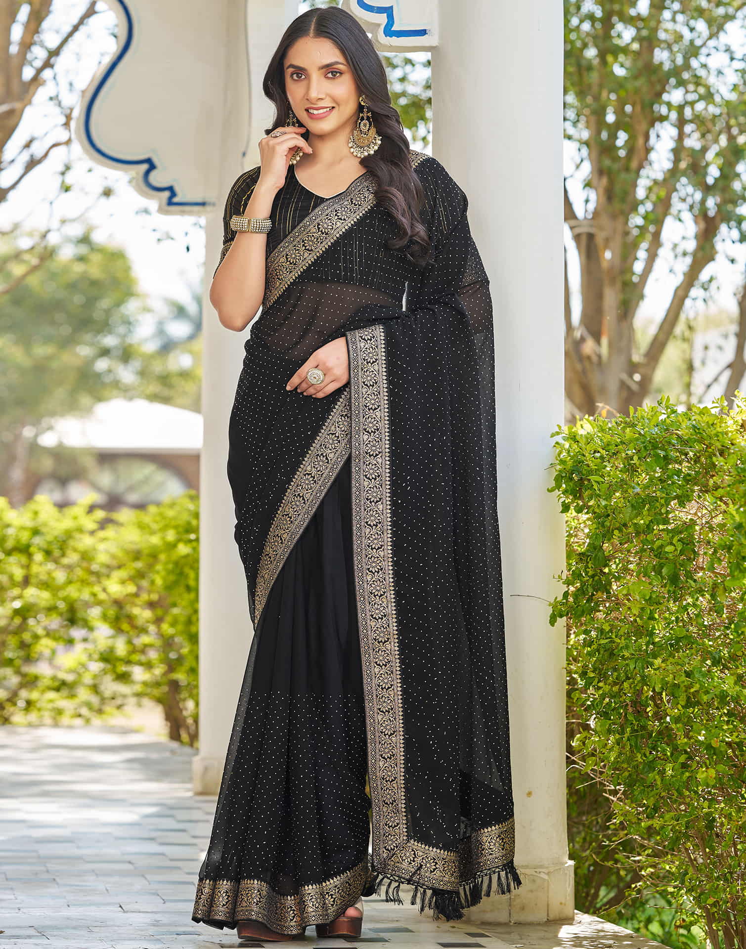 Black Georgette Stone Work Embellished Saree