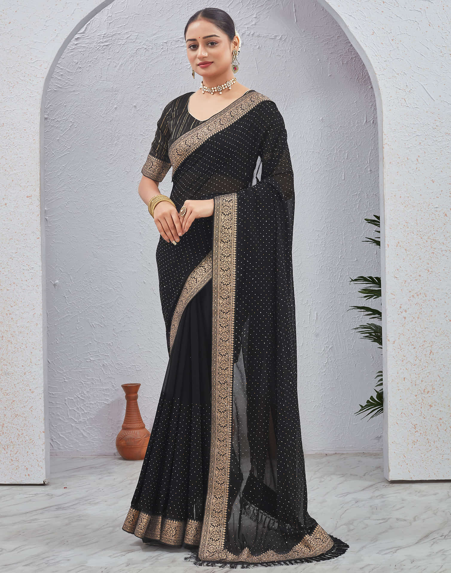 Black Georgette Stone Work Embellished Saree
