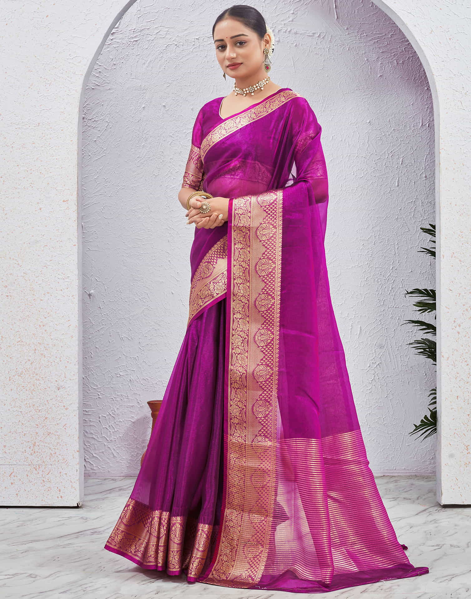 Dark Magenta Organza Woven Saree
