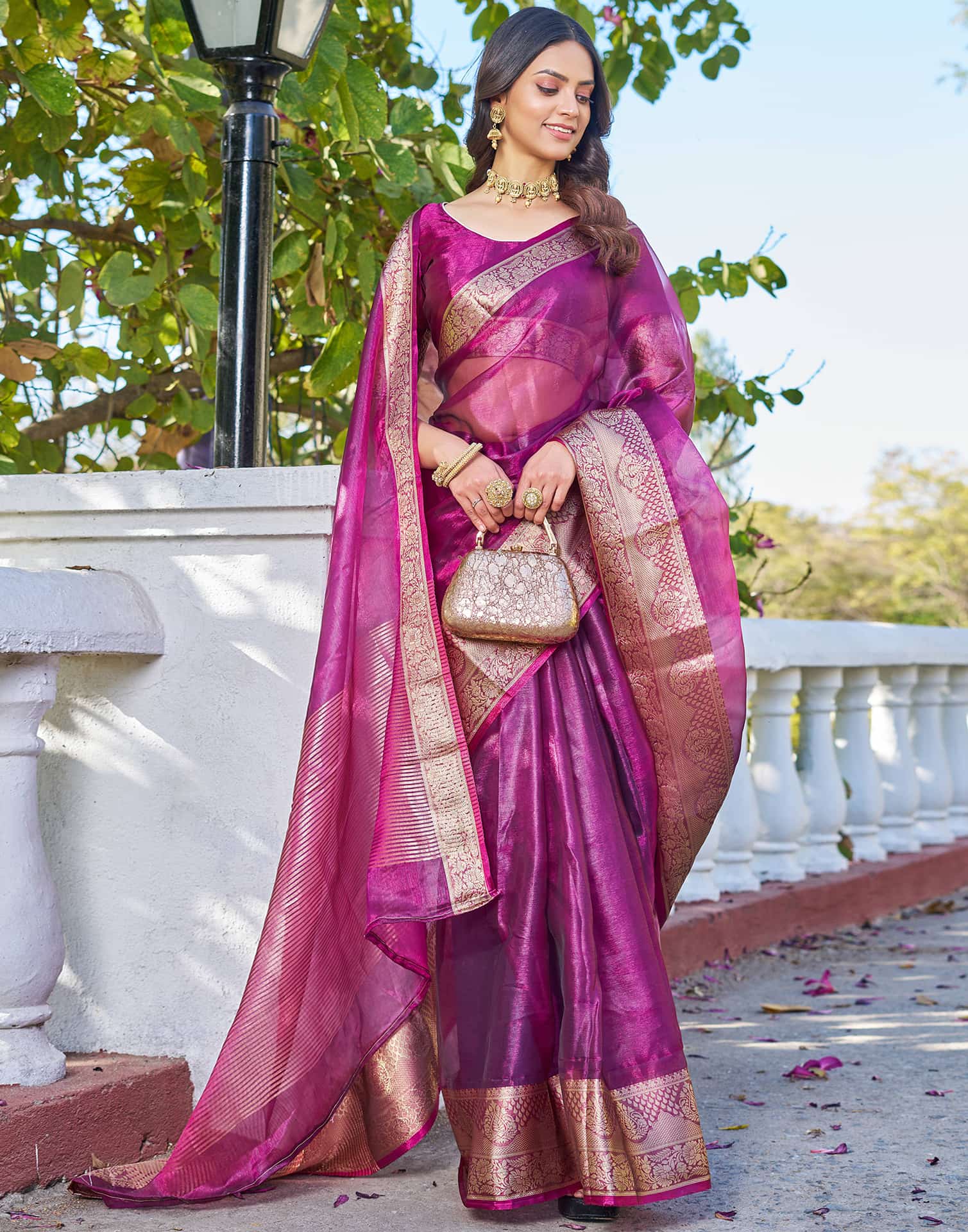 Dark Magenta Organza Woven Saree