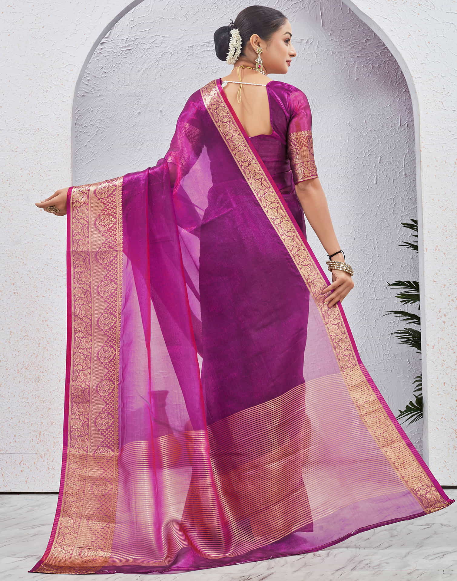 Dark Magenta Organza Woven Saree