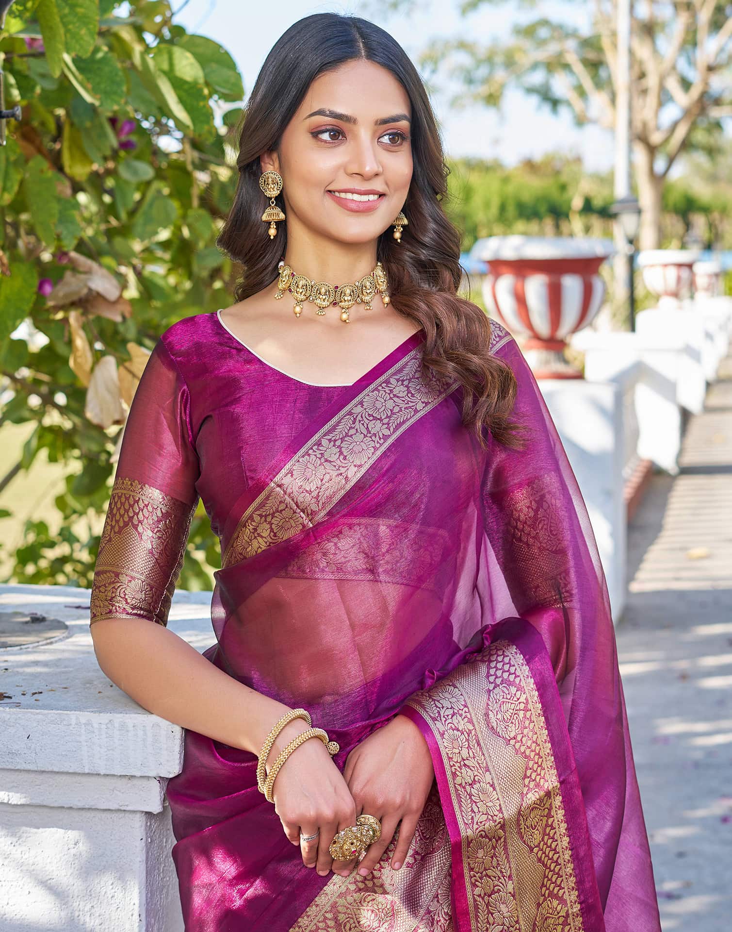 Dark Magenta Organza Woven Saree