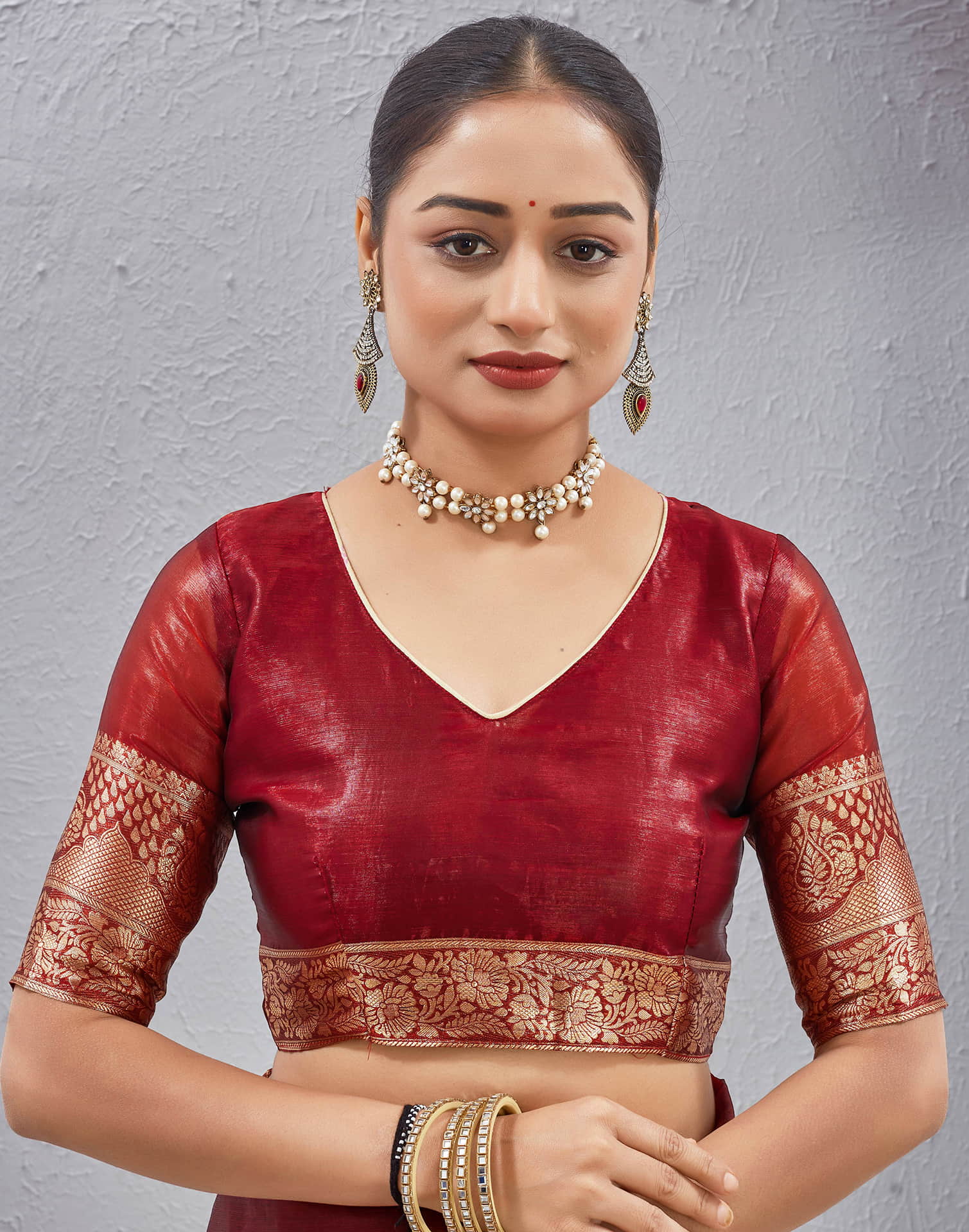 Maroon Organza Woven Saree