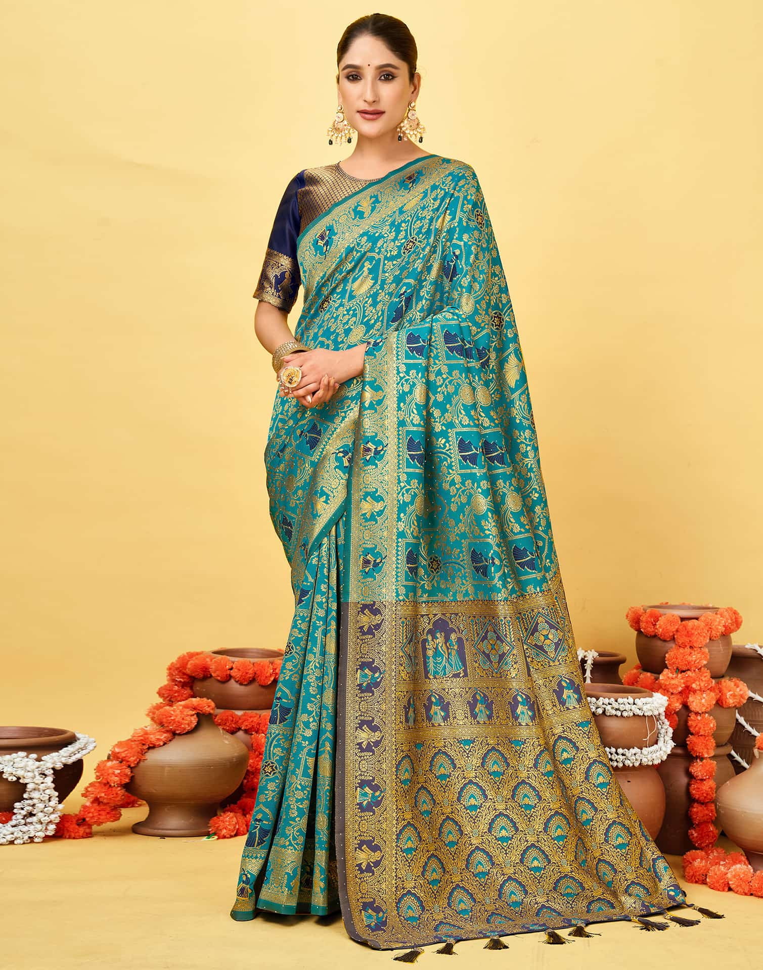 Teal Blue Silk Woven Baluchari Saree