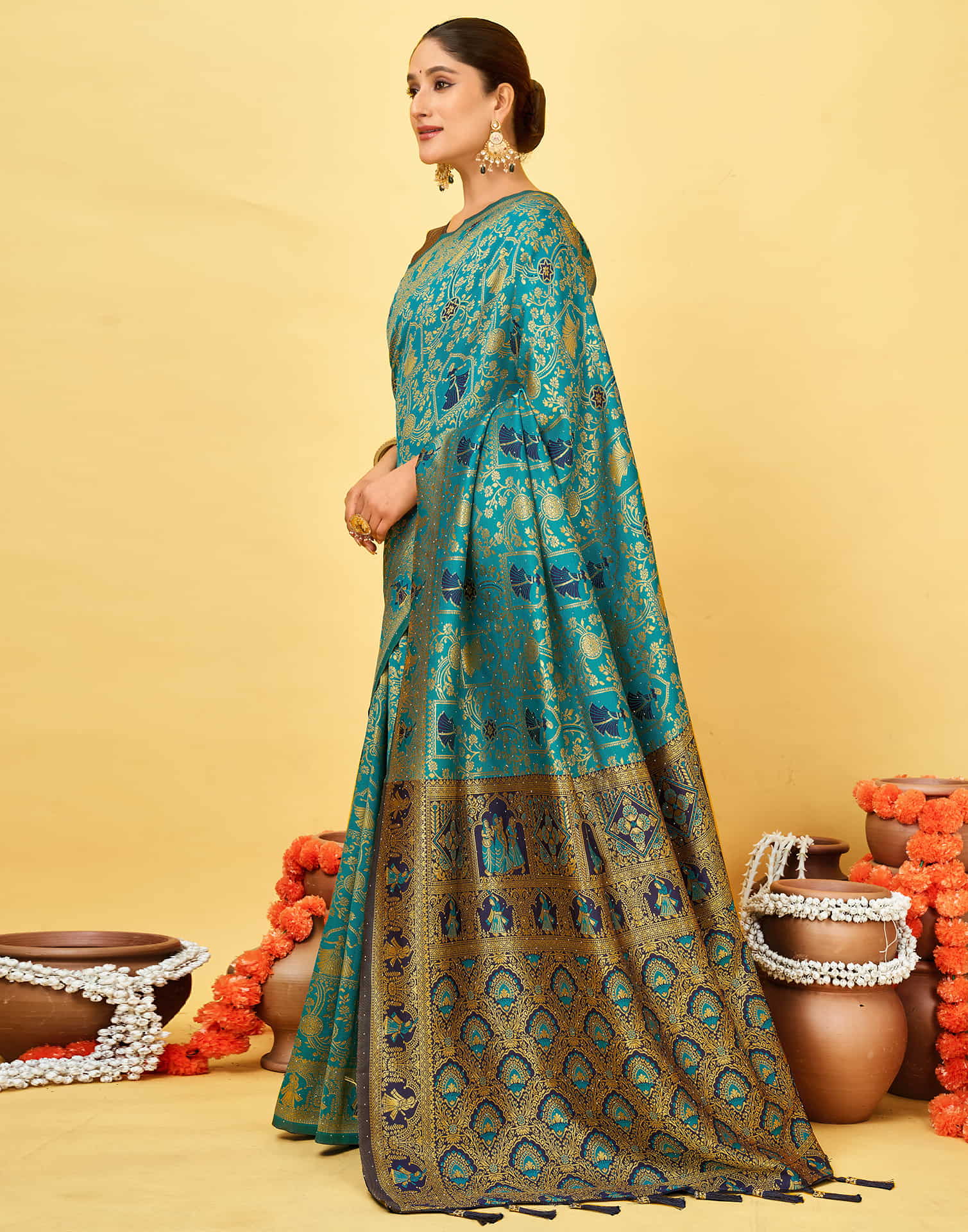 Teal Blue Silk Woven Baluchari Saree