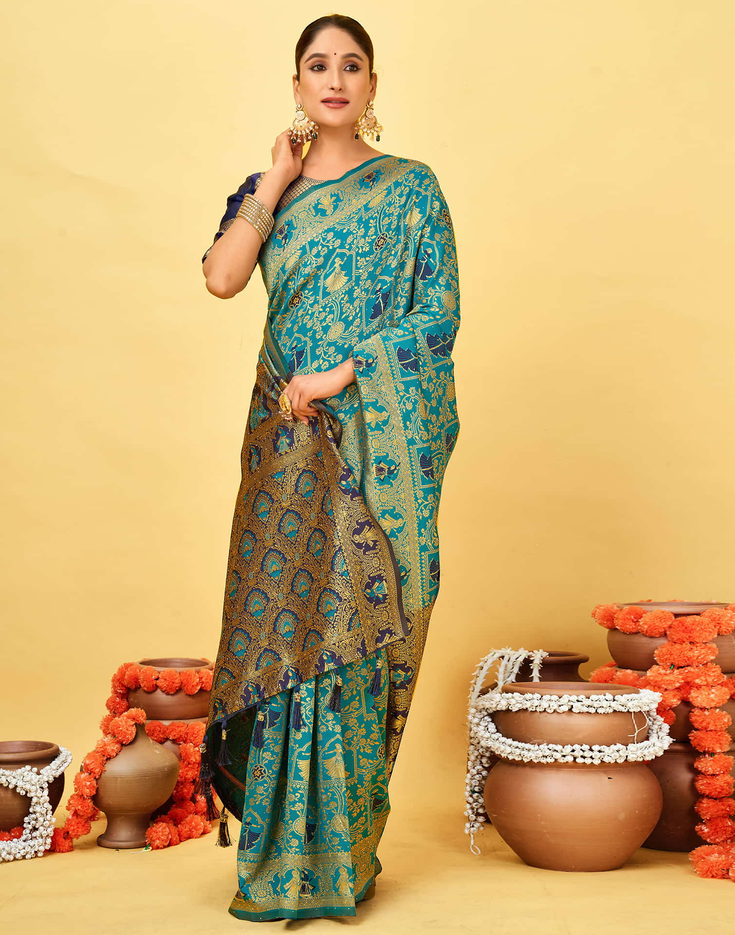 Teal Blue Silk Woven Baluchari Saree
