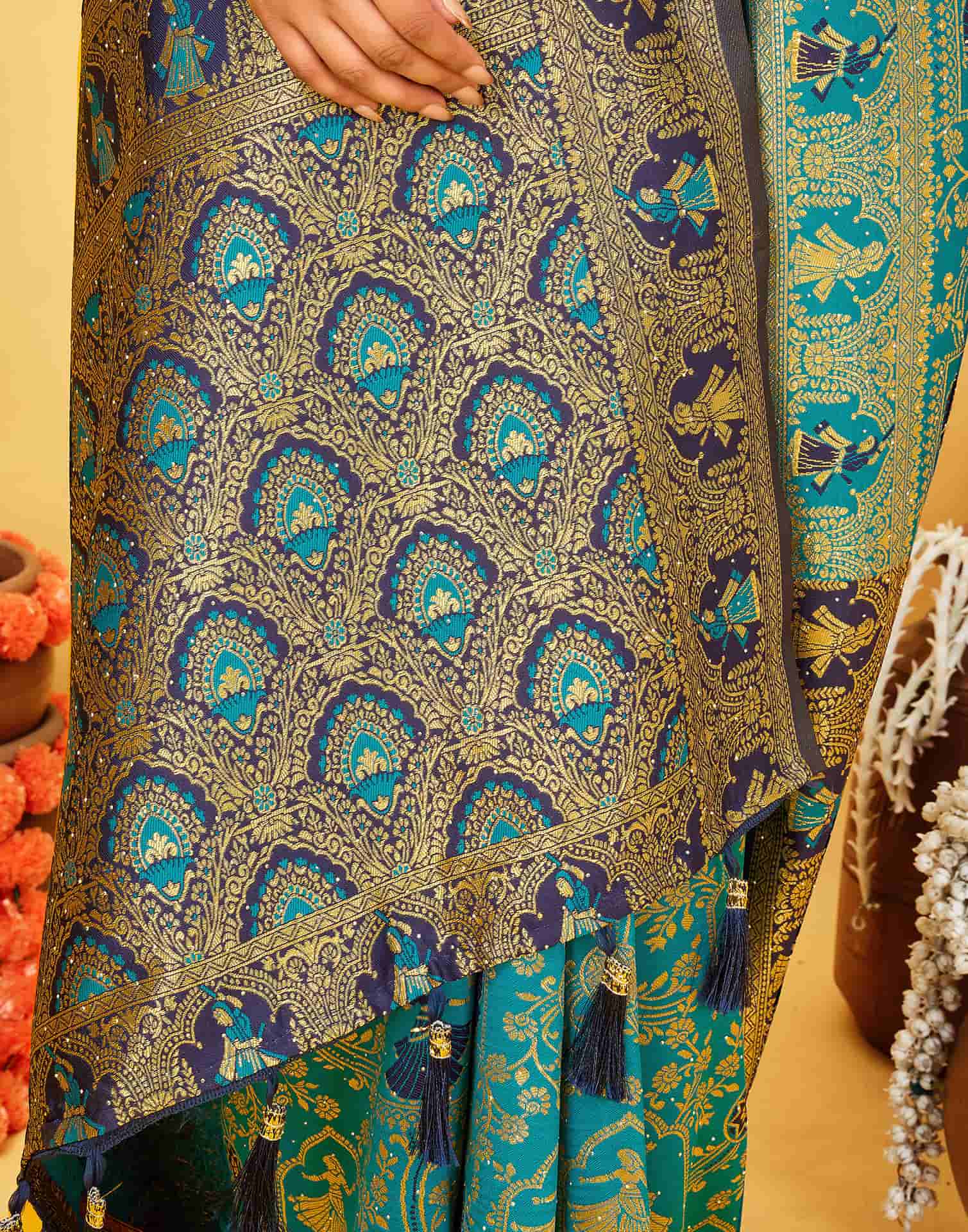Teal Blue Silk Woven Baluchari Saree