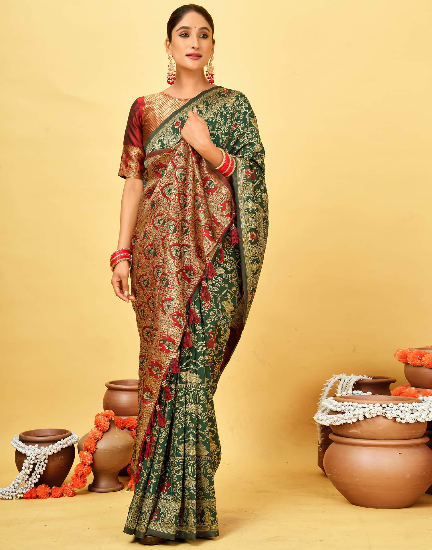 Dark Green Silk Woven Baluchari Saree